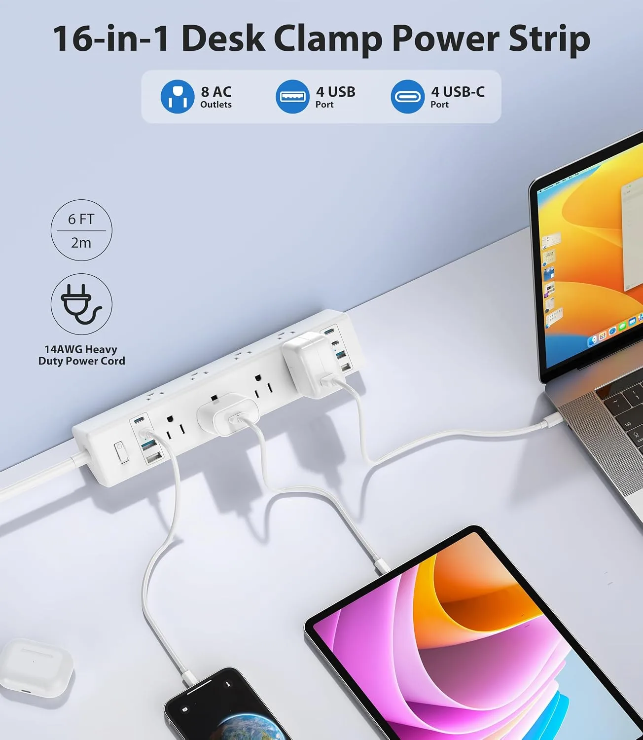 Jgstkcity Desk Clamp Power Strip 40W USB C,8 Outlets,8 USB,6FT,White