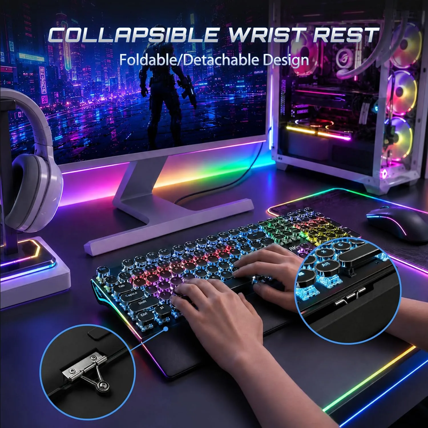 RK ROYAL KLUDGE S108 Typewriter Mechanical Keyboard, Wired Gaming Keyboard with Number Pad, Full Size Retro Keyboards w/Detachable Wrist Rest for Mac/Win/PC, Clicky Blue Switch, Rainbow Backlit Black