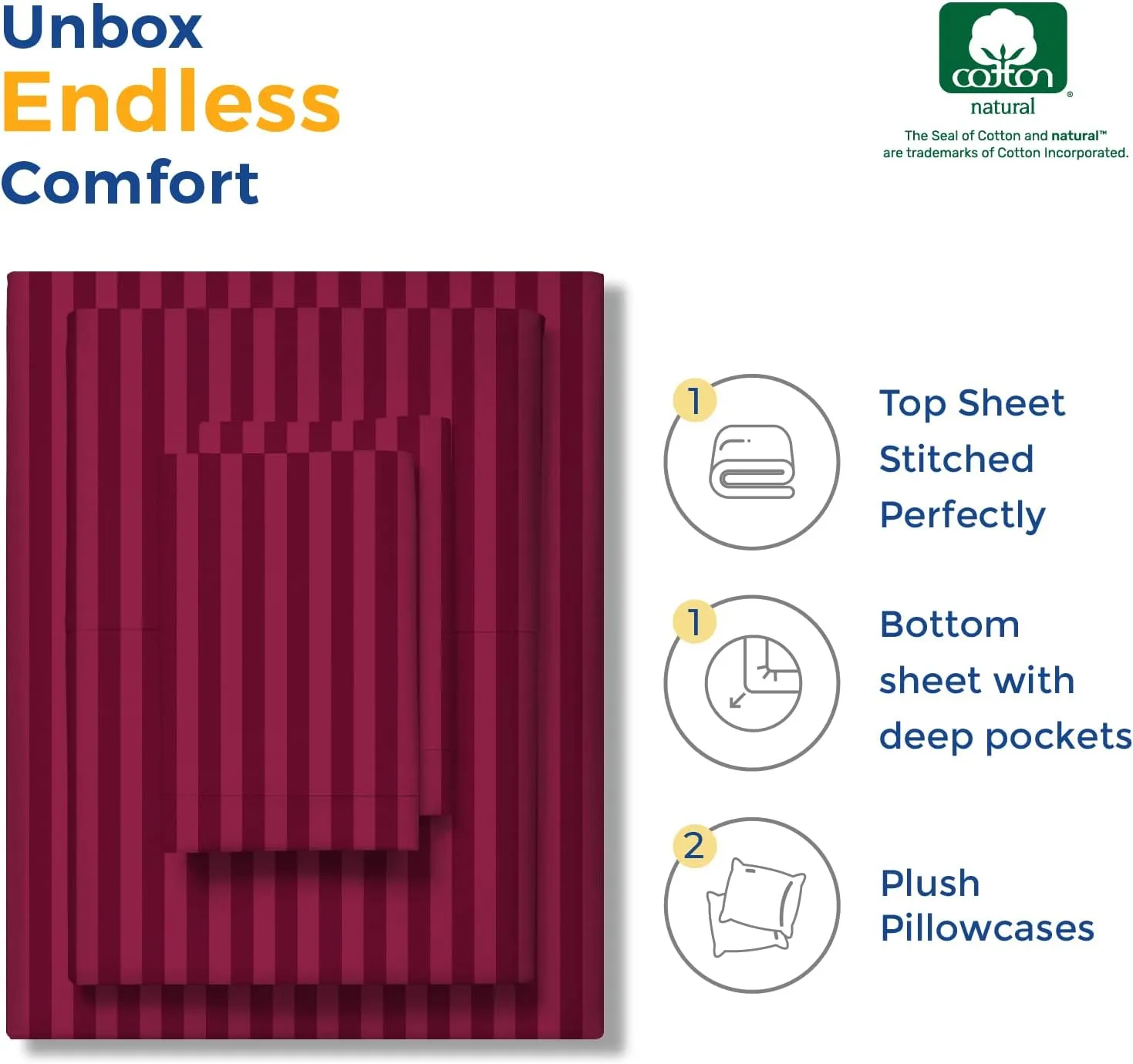 THREAD SPREAD Striped Egyptian Cotton Sheets Twin XL Size - 600 Series Bliss Collection Damask Twin XL Sheets Deep Pockets (3 PC, Burgundy Stripe), Sateen Dorm Bedding, Fits Mattress Upto 18"
