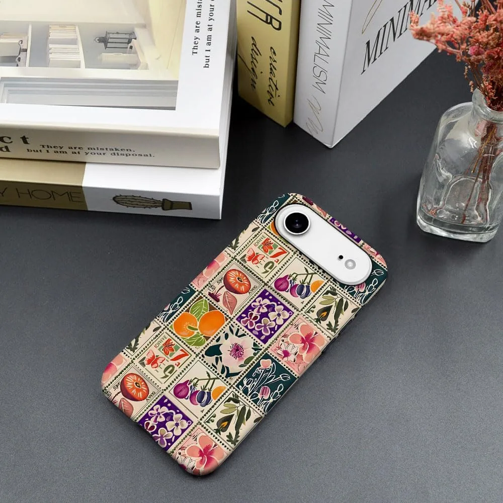 Case Compatible with iPhone 17 Air,Fall Prevention Hybrid 2-Layer Hard Shell Phone Cover for Girls Boys,Vintage Flower Orange Stamp Collage