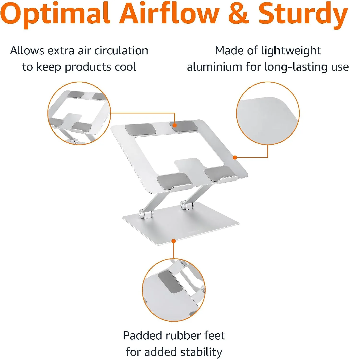 Amazon Basics Sturdy and Portable Ergonomic Laptop Stand for Desk, Height Adjustable Riser with Ventilated Cooling, Foldable, Fits all Laptops up to 15.6 Inch, Silver