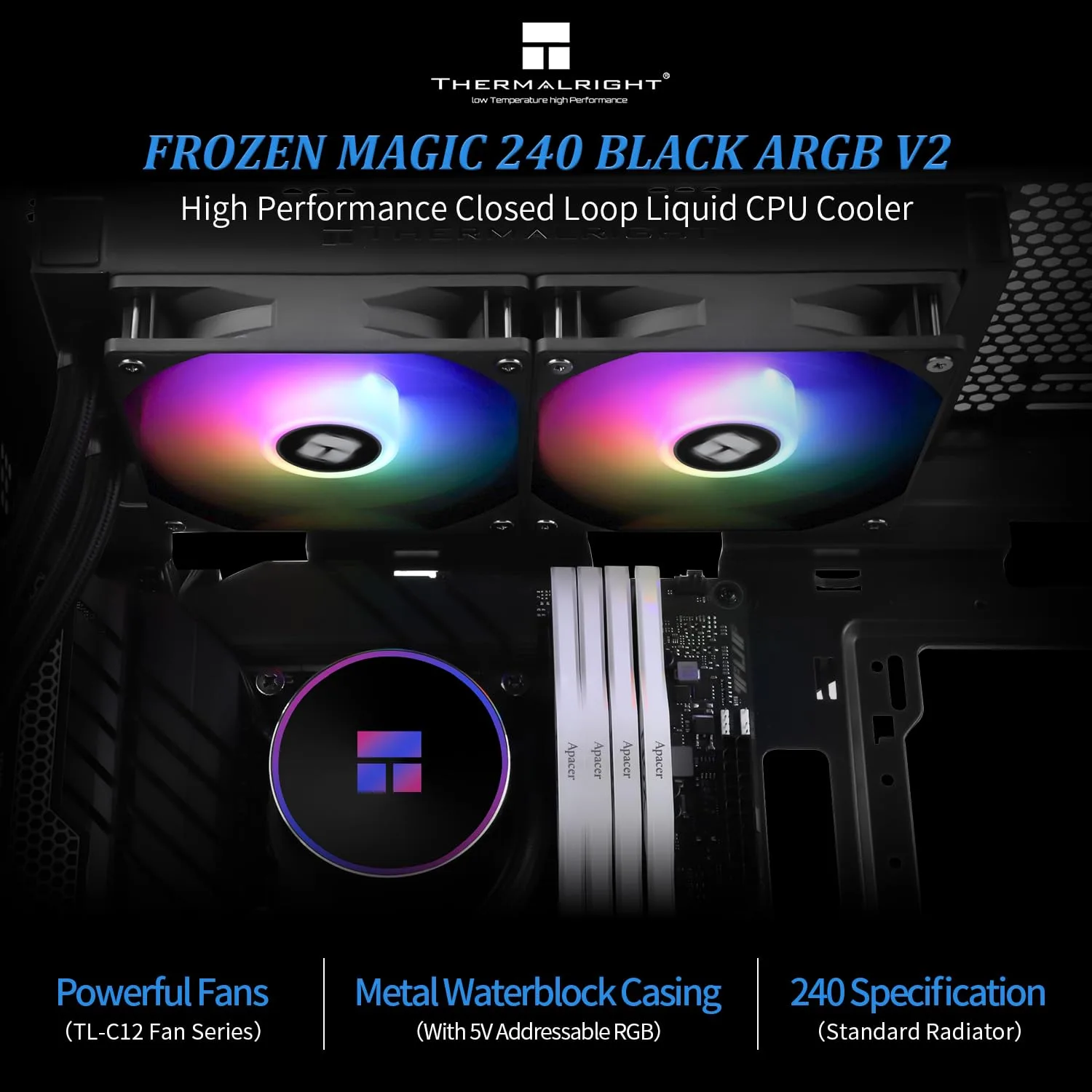 Thermalrlght Frozen Magic 240 Black ARGB V2 CPU Aio Cooler, Double High-Performance PWM Fans with 1600RPM, for Intel LGA1150/1151//1200/2011/ 1700&AMD:AM4/AM5, PC Cooler Aio, 240 Liquid Cooling Row