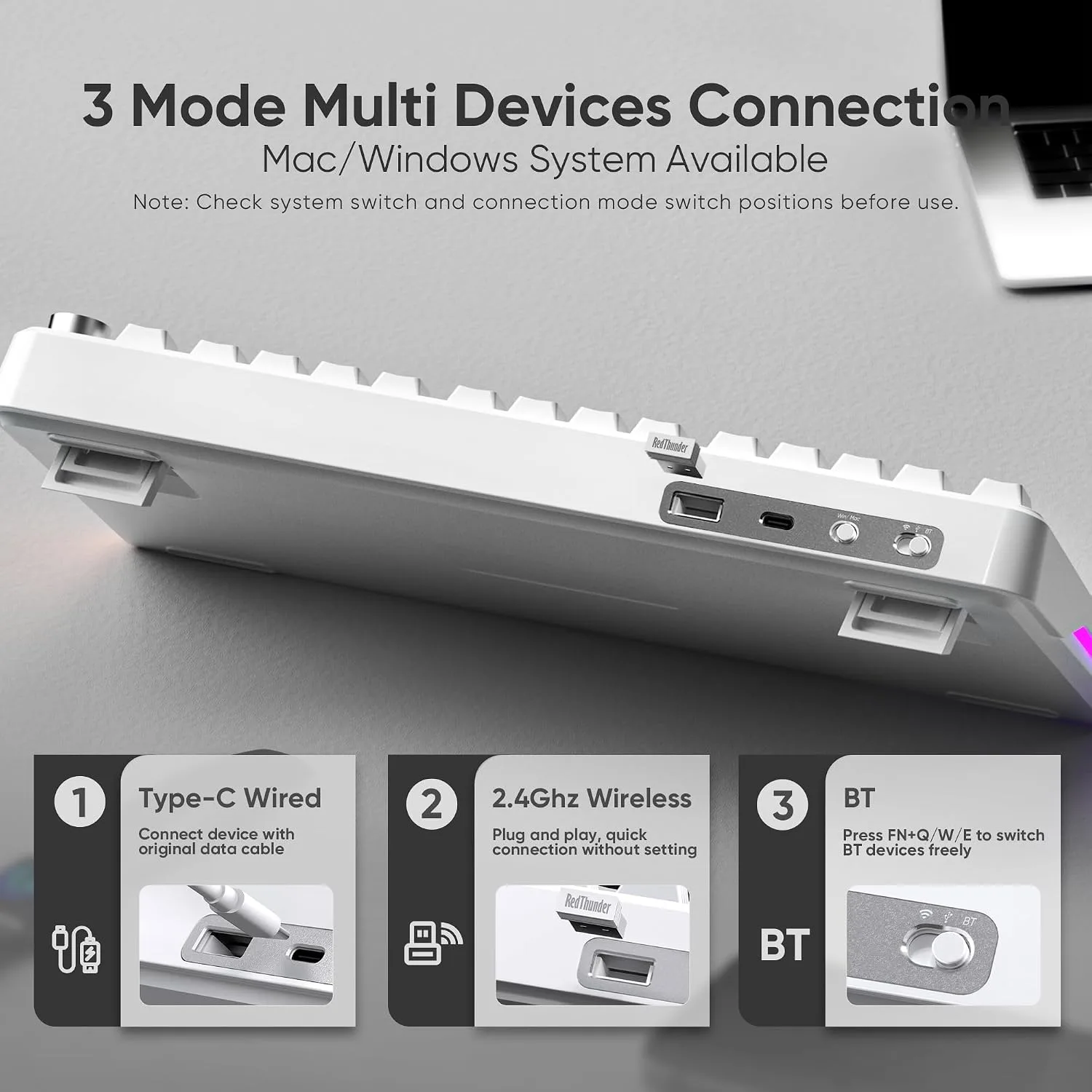 RedThunder K75 Wireless Mechanical Keyboard, CNC Knob, Tri-Mode BT5.0/2.4GHz/USB-C Hot Swappable Custom, Cremy Sound, Pre-lubed Linear Switches, RGB Gaming Keyboard, Side Fonts, Gradient White-Gray