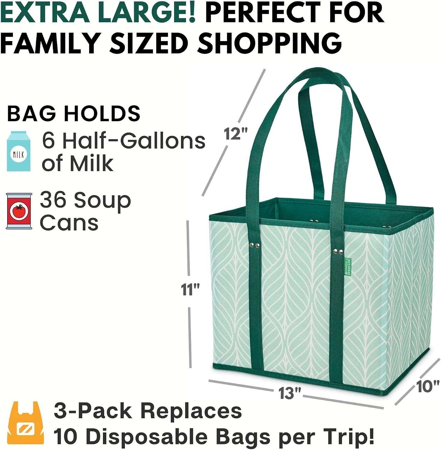 Reusable Grocery Bags (3 Pack) – Heavy Duty Reusable Shopping Bags, Green