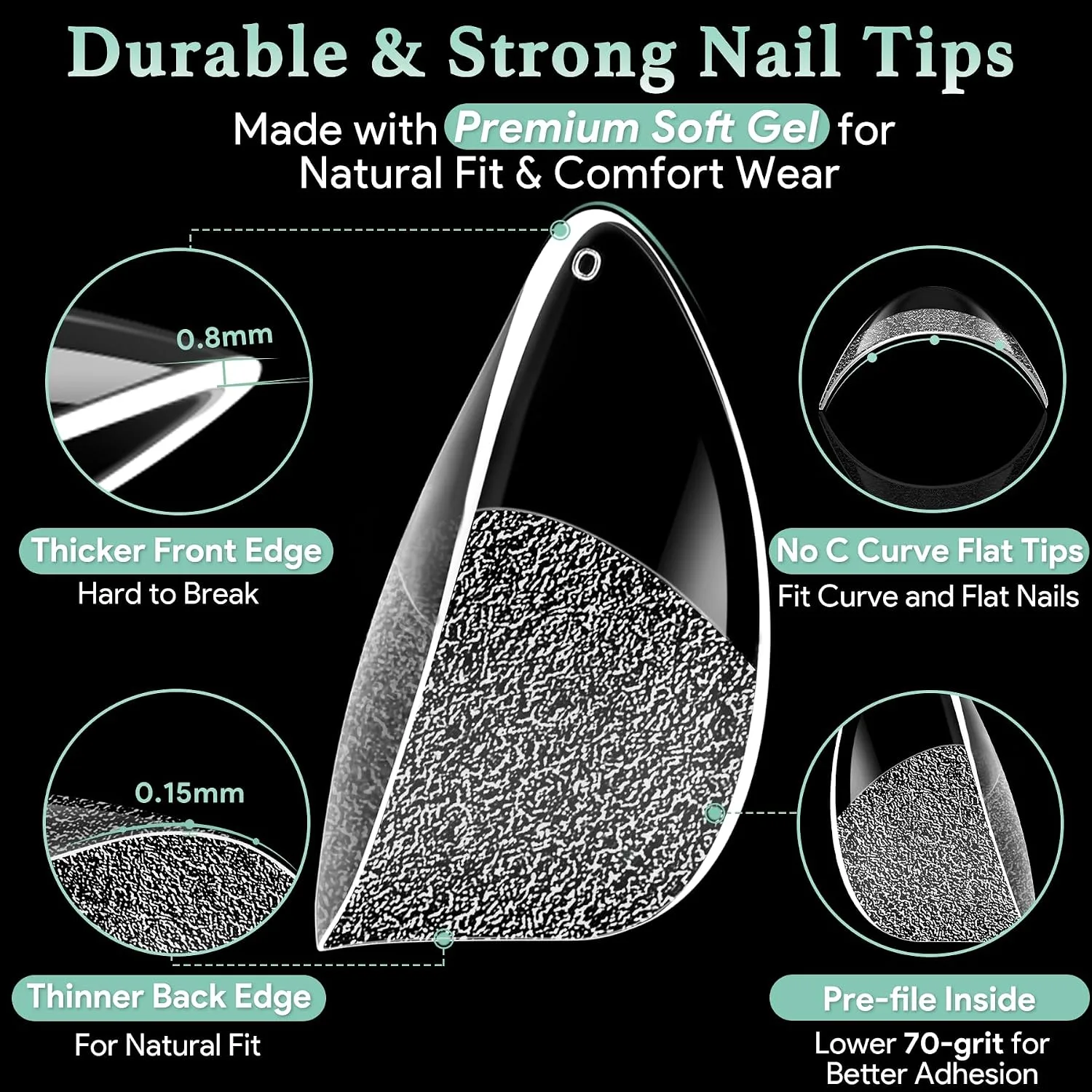 Leykosh Short Almond Nail Tips, 15 Sizes 330 PCS Clear Gel Tips