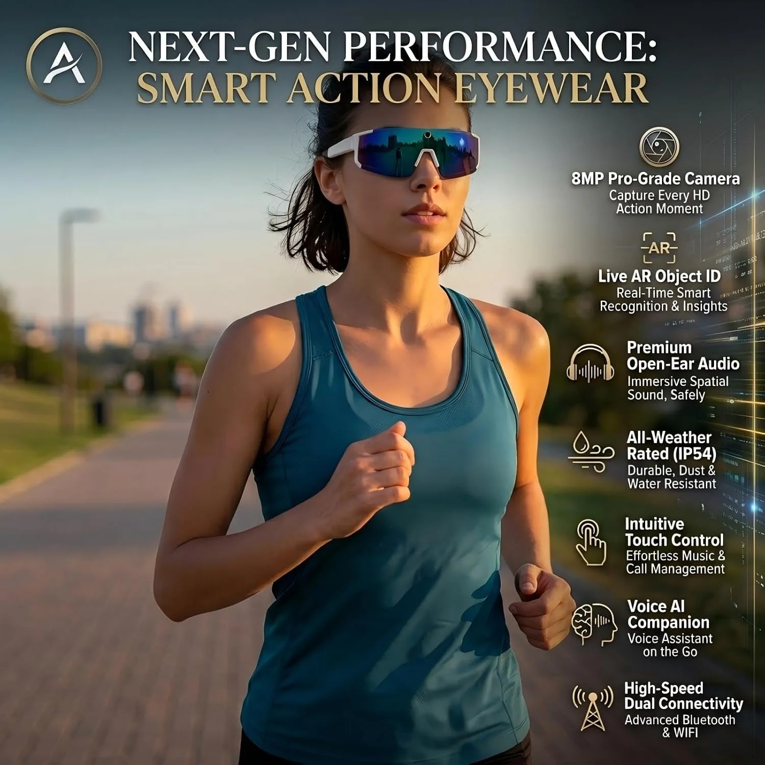 AI Smart Glasses with Camera, Bluetooth Sunglasses for Sports-White
