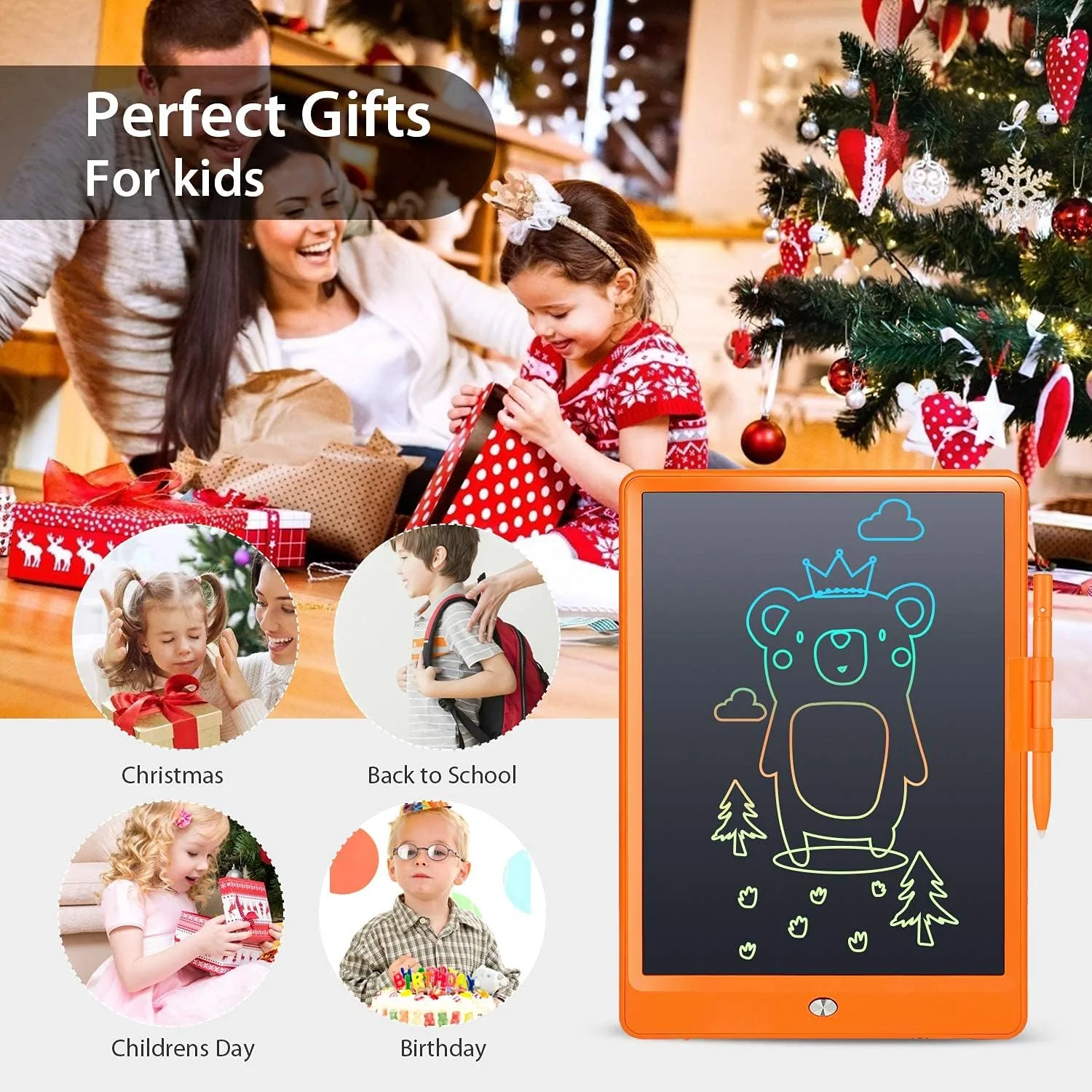 LCD Writing Tablet with Bag for Kids, 10 Colorful Screen Drawing Board Doodle Pad Learning Educational Toy - Gift for 3-6 Years Old Boy Girl (Orange)