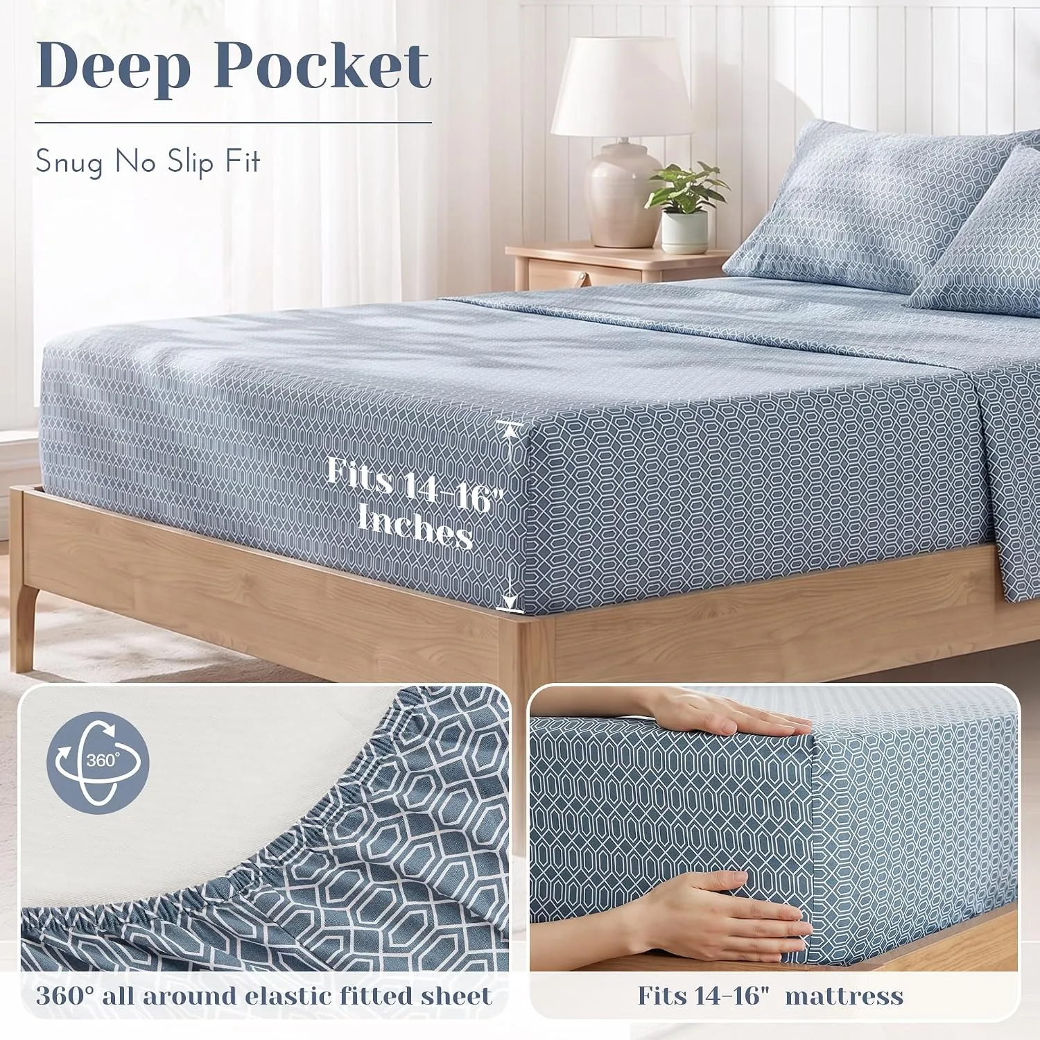 Comfort Spaces 100% Cotton Percale Sheets Queen Size 4 Piece, Diamond Blue