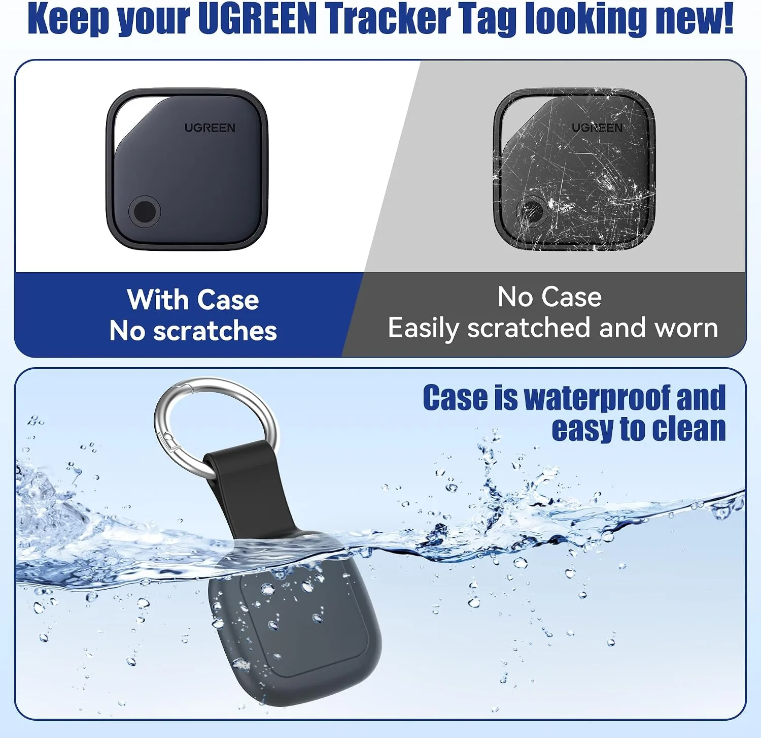 DDJ 4-Pack Waterproof Silicone Cases for UGREEN Tracker Tags (iOS Only), Smart Finder Holders with Key Rings, Full-Cover Shockproof and Scratch-Resistant for Keys, Bags, Luggage and Pet Collars, Black