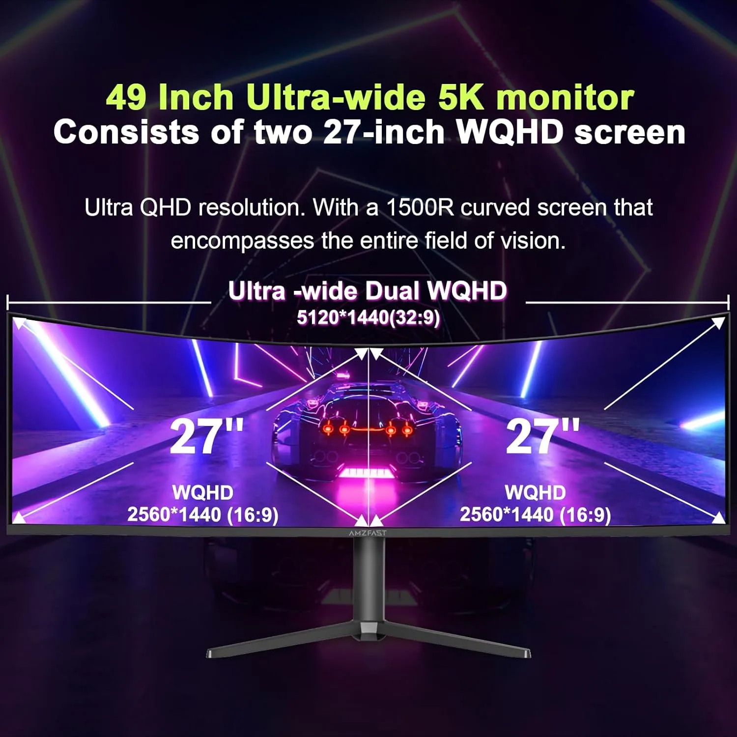 Amzfast 49 Inch Curved Monitor 120Hz DQHD (5120x1440) Ultrawide Gaming Monitor, 120% sRGB, 1500R, 1ms MPRT, HDR, Adaptive Sync, PIP/PBP, Height Adjustable, HDMI 2.0/DP 1.4, VESA 75x75, AMZG49C7U