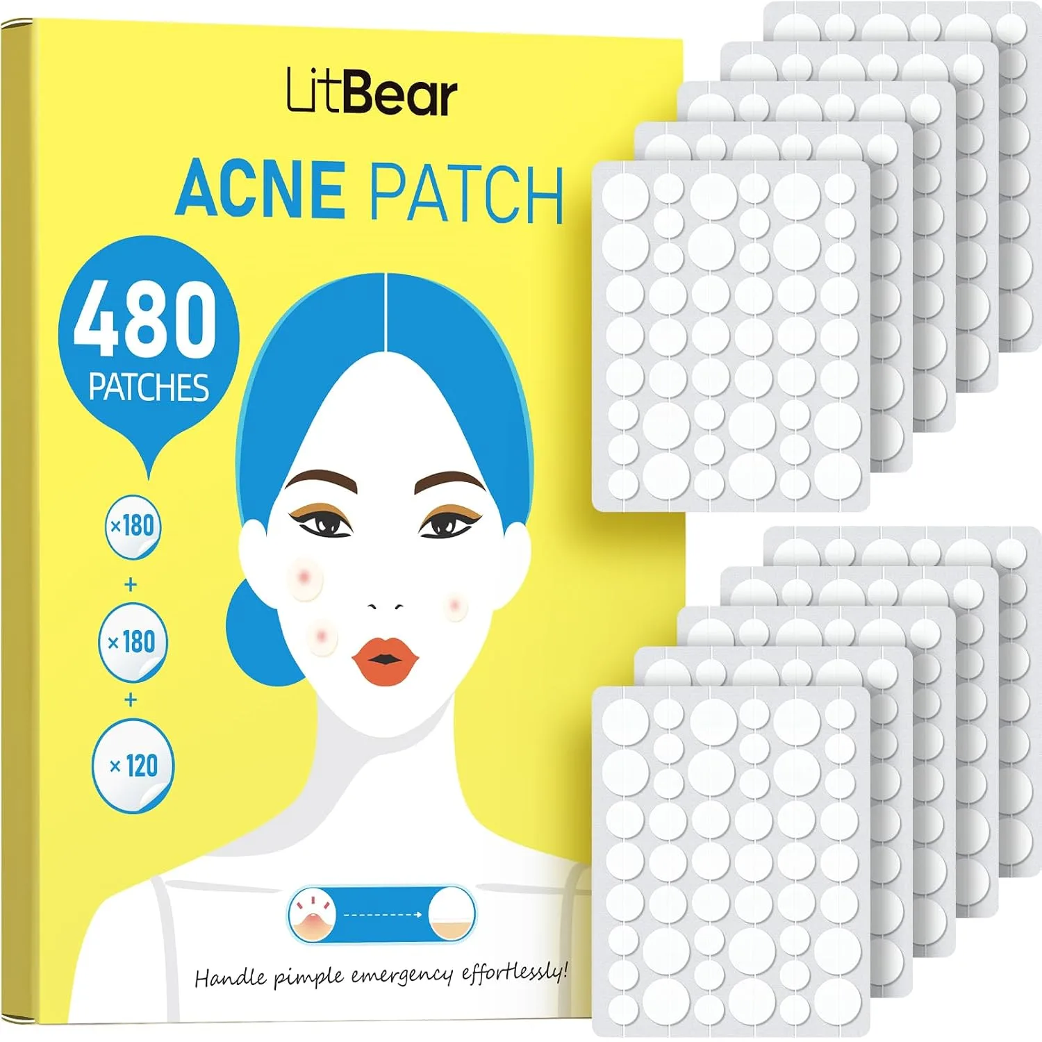 Parche Antiacné LitBear 480 unidades 3 tamaños para rostro