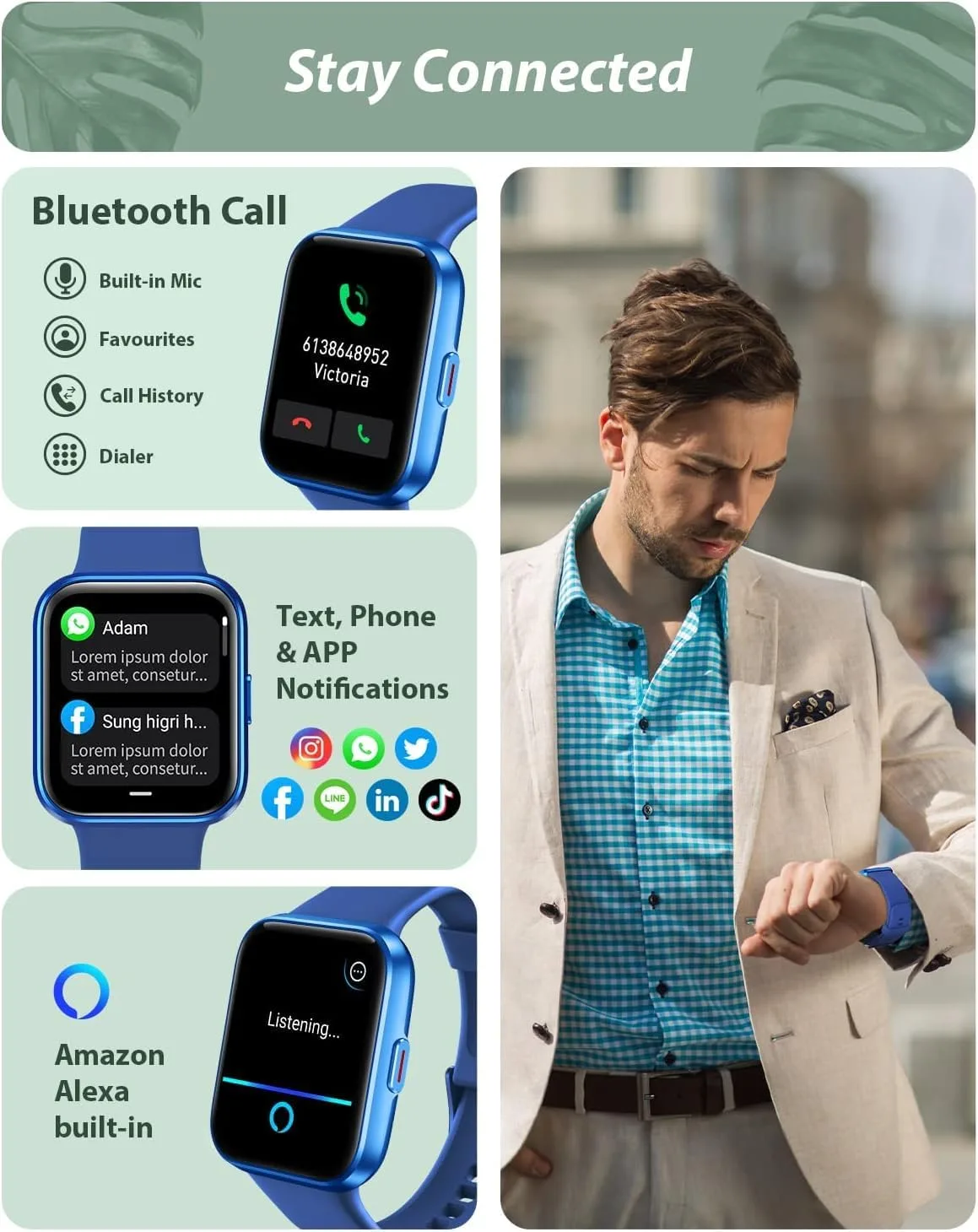 Smart Watch for Women Android & iPhone, Alexa Built-in, 1.8" Touch Screen Fitness Tracker with Answer/Make Calls, IP68 Waterproof Heart Rate/Sleep/SpO2 Monitor, Pedometer, 100+ Sport Modes, Dark Blue