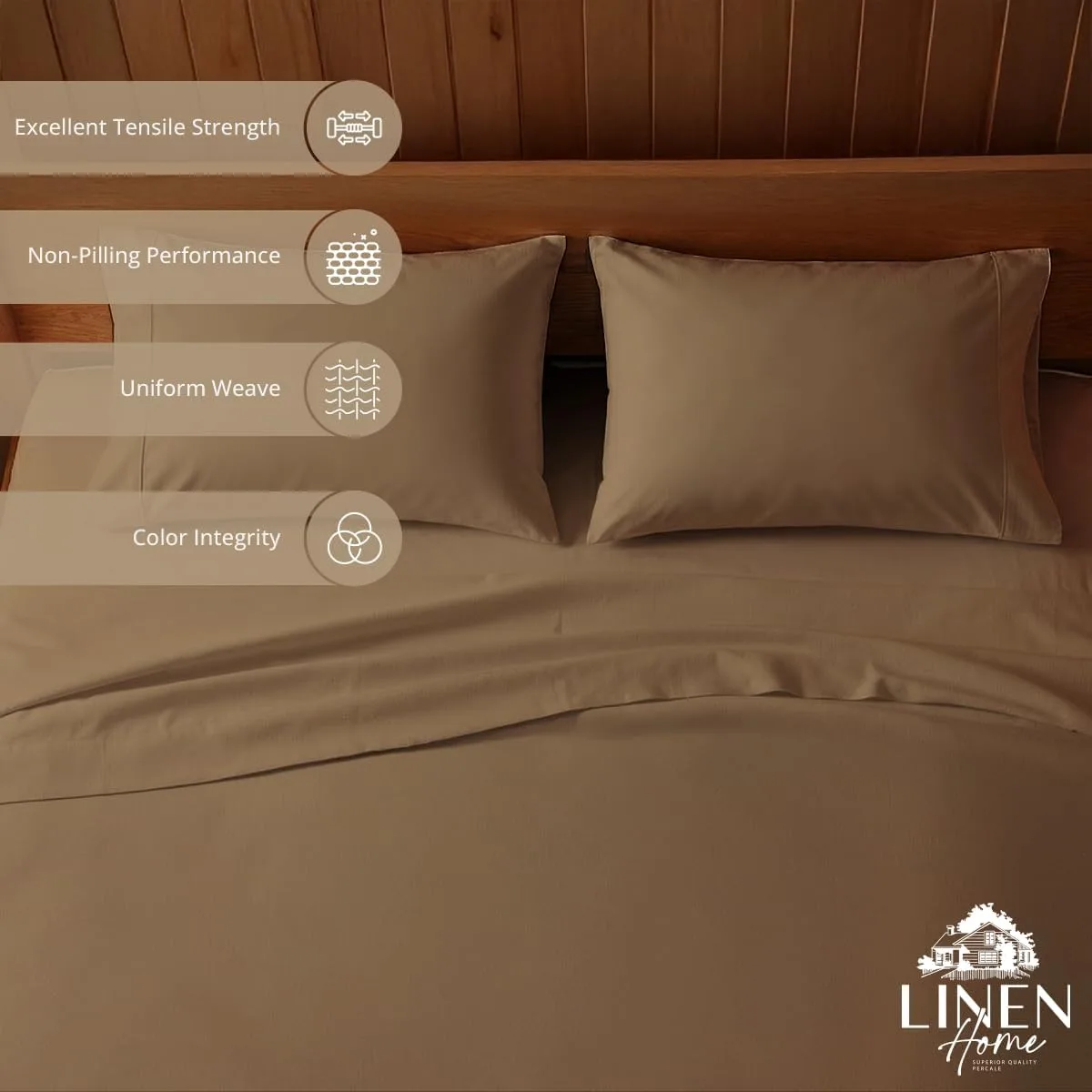 Linen Home 100% Cotton Percale King Sheets, 4Pc Cooling Set - Earthy Brown