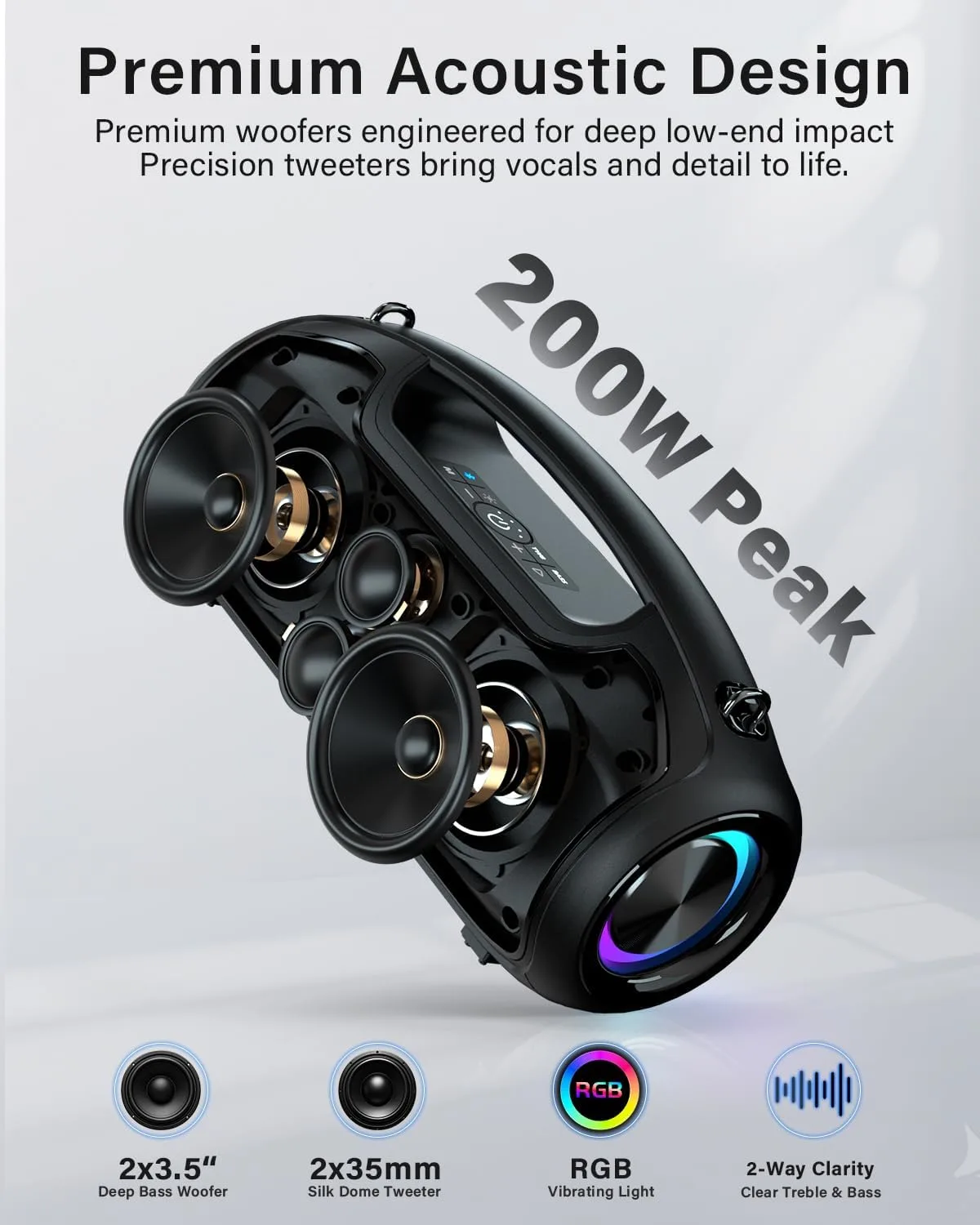 Bluetooth Speaker, 200W Peak Portable Speakers Wireless w/Bass Boost