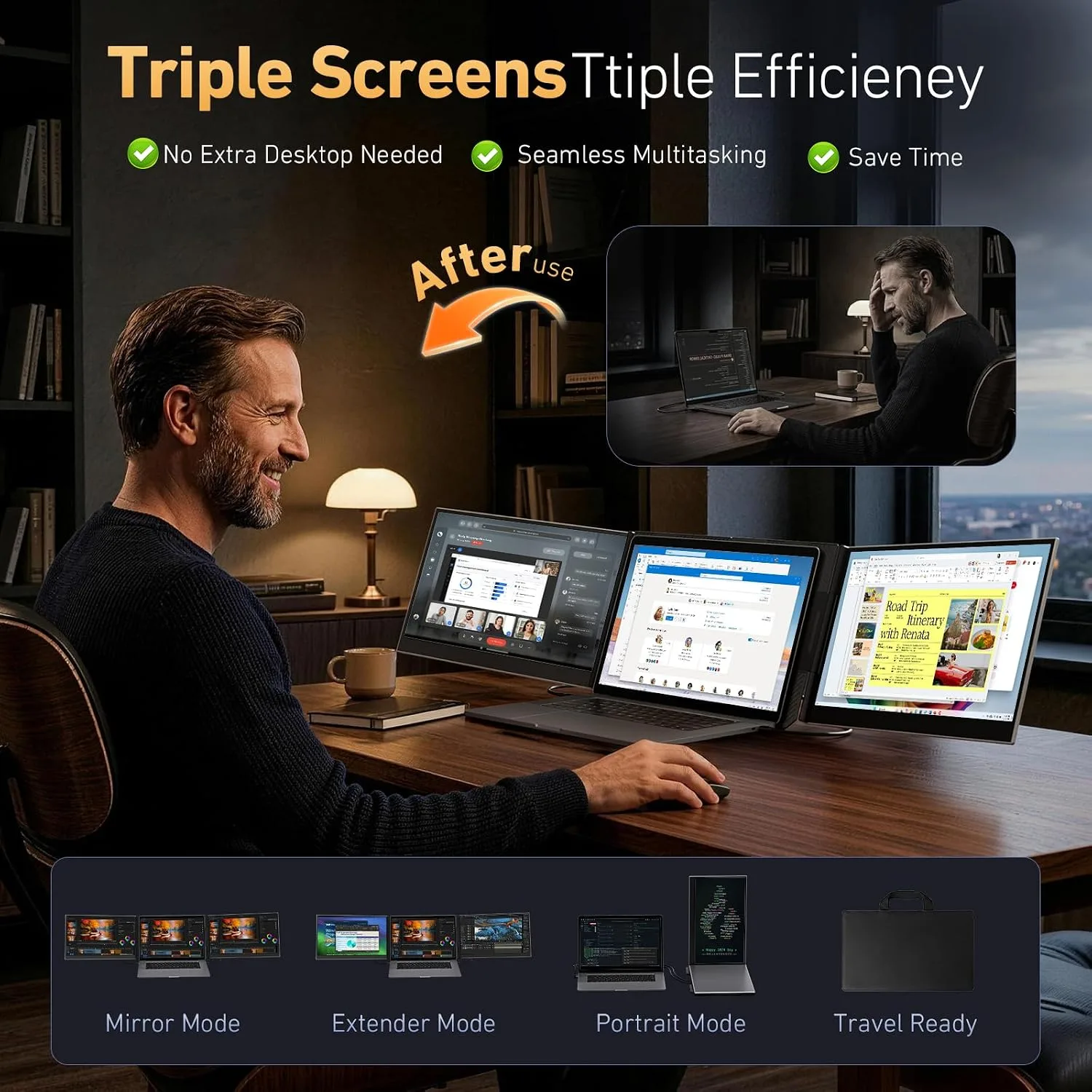 Vixtan 15.6" Triple Laptop Screen Extender, Ultra-Thin FHD IPS Portable Monitor for Laptop, USB-C Plug & Play Multi Screen Attachment for 13-17.3" laptops with Windows/Mac/Chrome