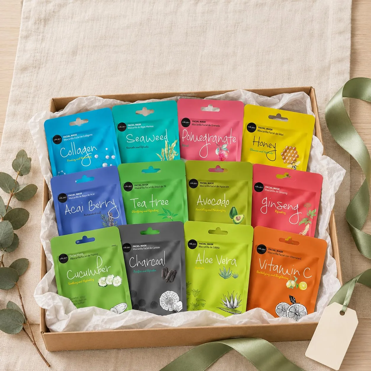 Celavi Korean Face Mask Sheet Set, Facial Spa Masks for Women, 12 Pack
