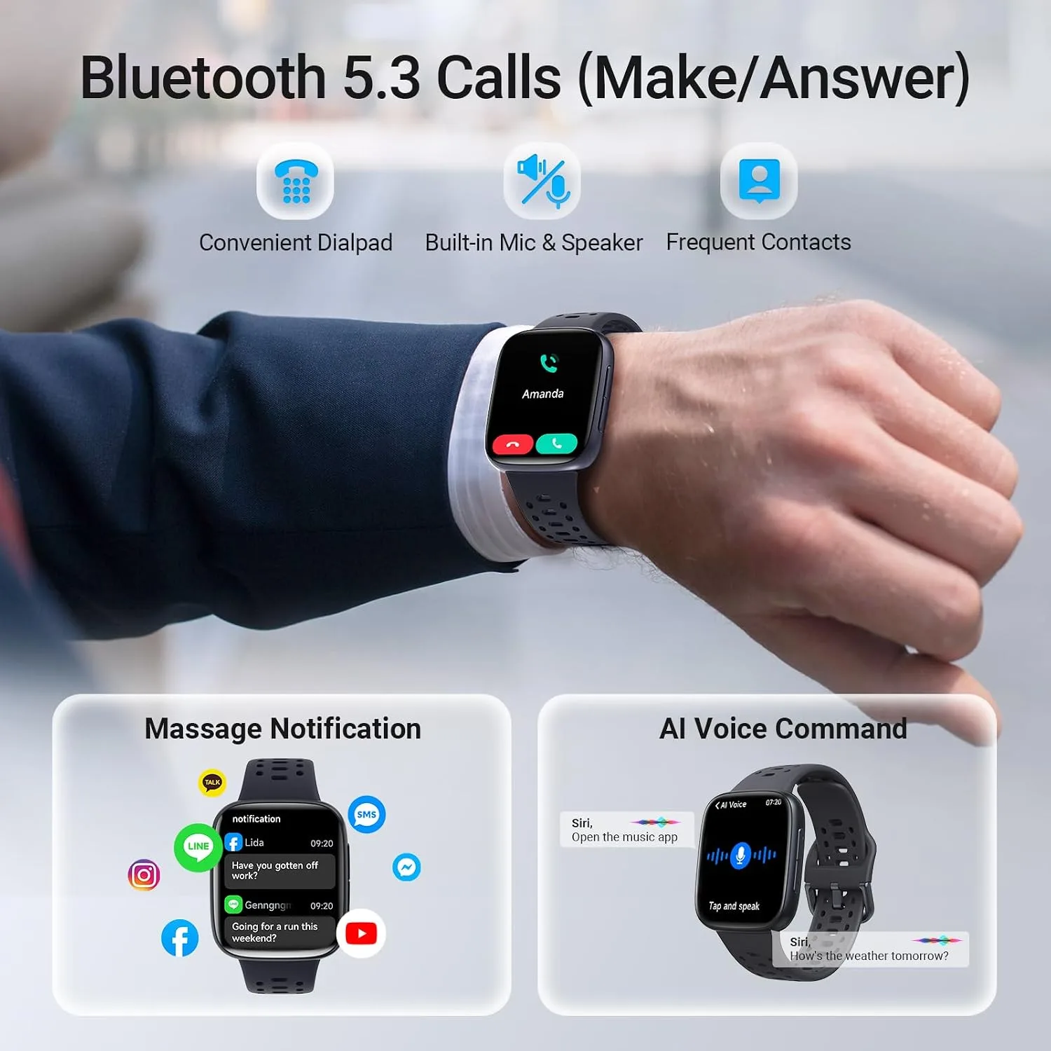 Smart Watches for Men Android iPhone (2 Bands), 1.85" AMOLED Screen Smartwatch Fitness Tracker 3ATM Waterproof with Bluetooth Calls, AI Control, Heart Rate/SpO2/Sleep Monitor, 7 Days Battery