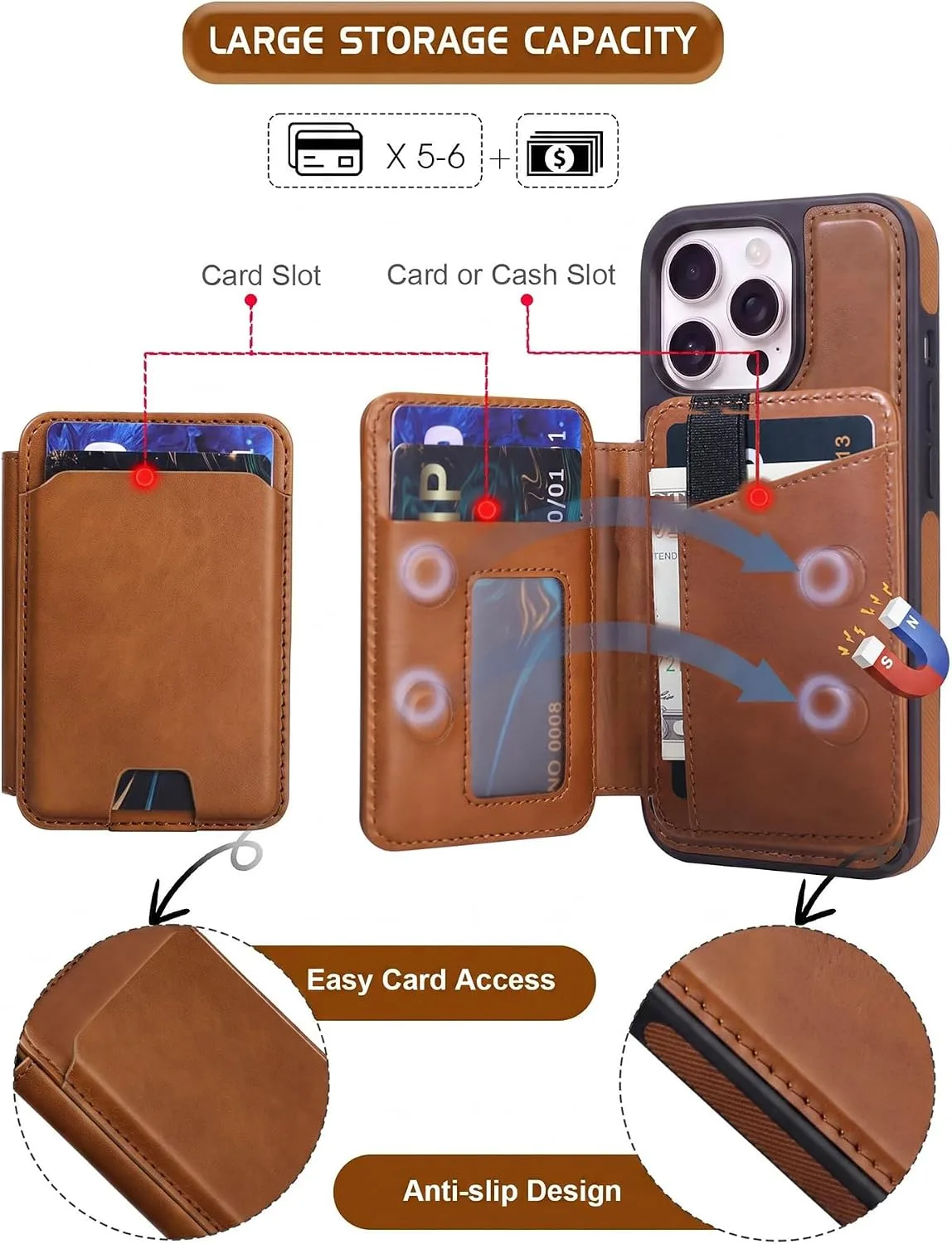 Magnetic Detachable Wallet Case for iPhone 16 Pro Max with Kickstand,2-in-1 MagSafe Compatible RFID Blocking Card Holder,Slim PU Leather Cover Brown