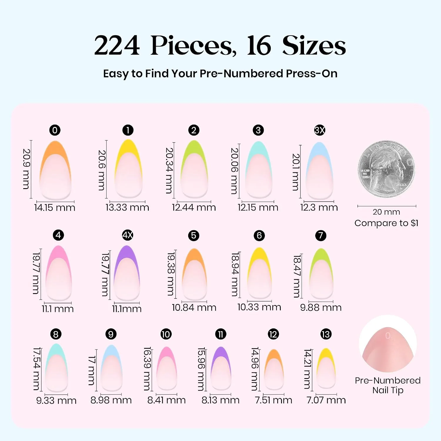 Beetles French Tip Press On Nails - Short Almond 224 Pcs 7 Colors