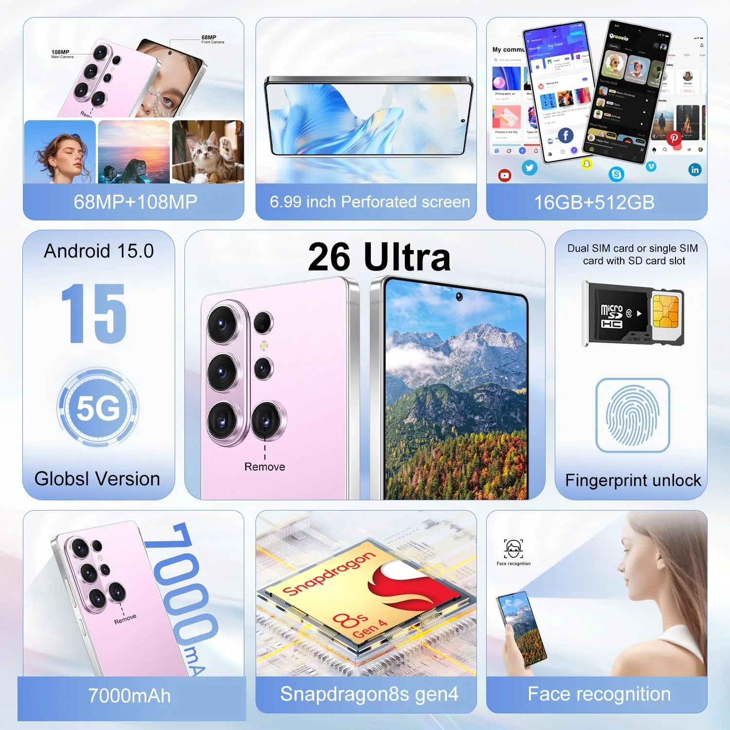 Huness S26 Ultra Unlocked Phone,Built in Pen The Phone,Cell Phone Battery 7000mAh 6.99" HD Screen,Android 15 16+512GB Smartphone,Dual SIM/5G/Face ID/Fingerprint Lock/GPS (Pink)