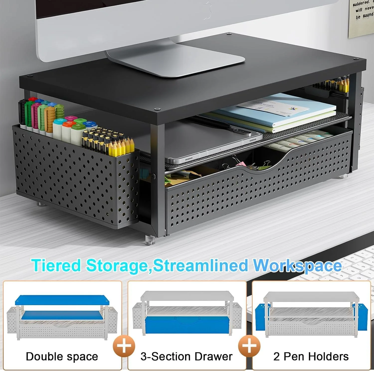 gianotter Desk Organizers and Accessories, Monitor Stand with Drawer and 2 Pen Holder, Desktop Organizer Suitable for Offices and Dormitories (Matte Black)