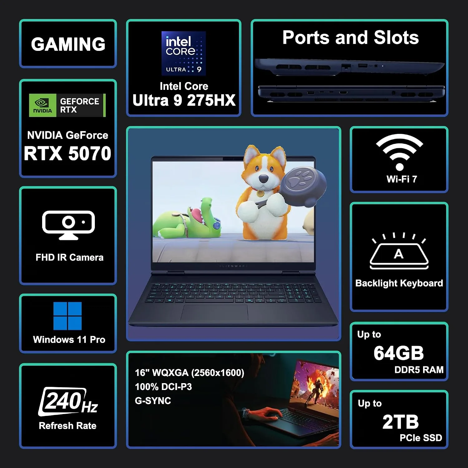 Dell Alienware 16X Aurora AI Gaming Laptop 16" WQXGA 240Hz (100% DCI-P3) Intel 24-core Ultra 9 275HX 16GB RAM 1TB SSD GeForce RTX 5070 8GB (Up to 798 AI Tops) Backlit Wi-Fi 7 Thunderbolt Win11 Pro