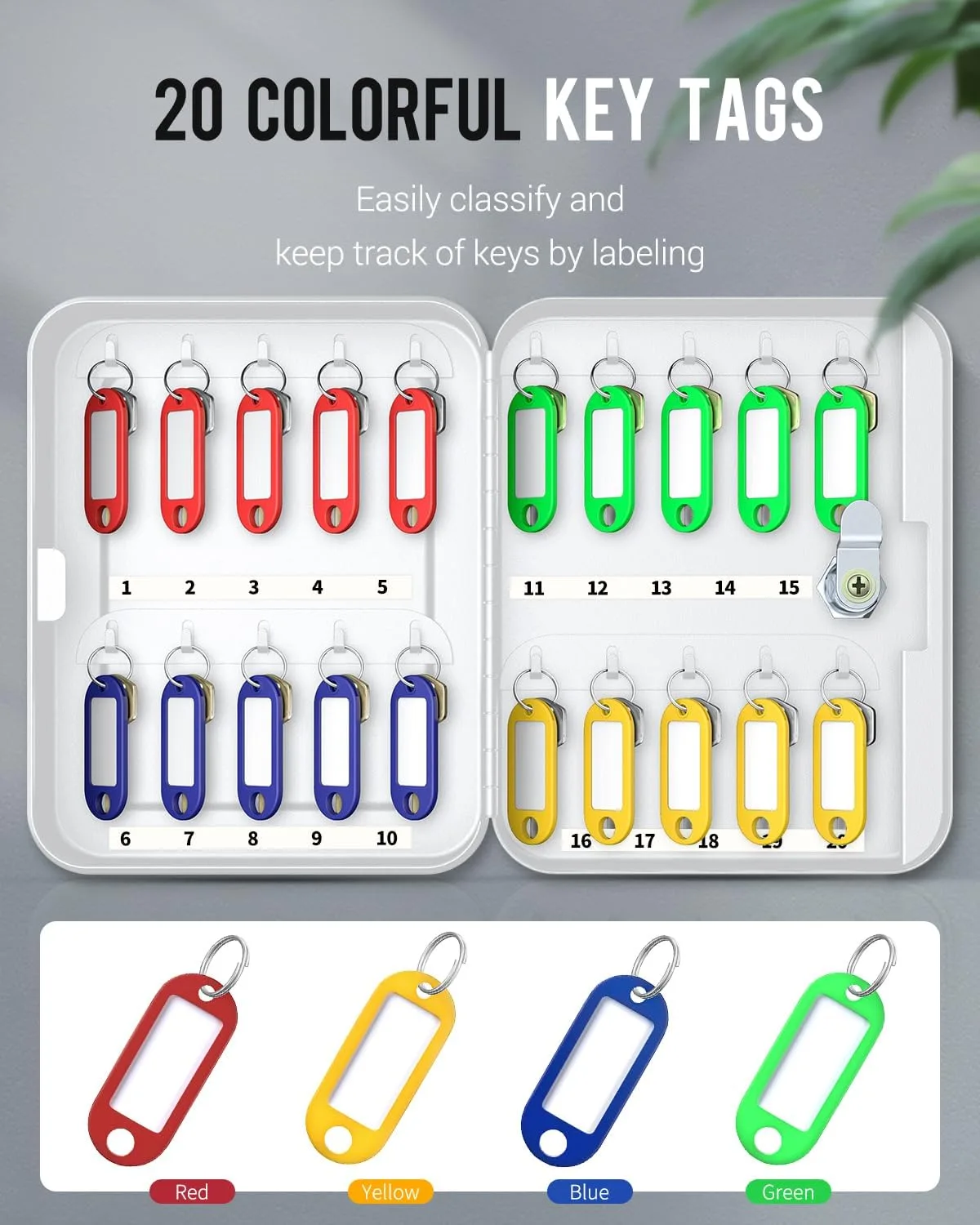 Uniclife 20 Position Key Cabinet with Key Lock Wall Mounted White Security Storage Box Steel Key Organizer with Colorful Key Tag Labels Identifiers Stickers and Hooks