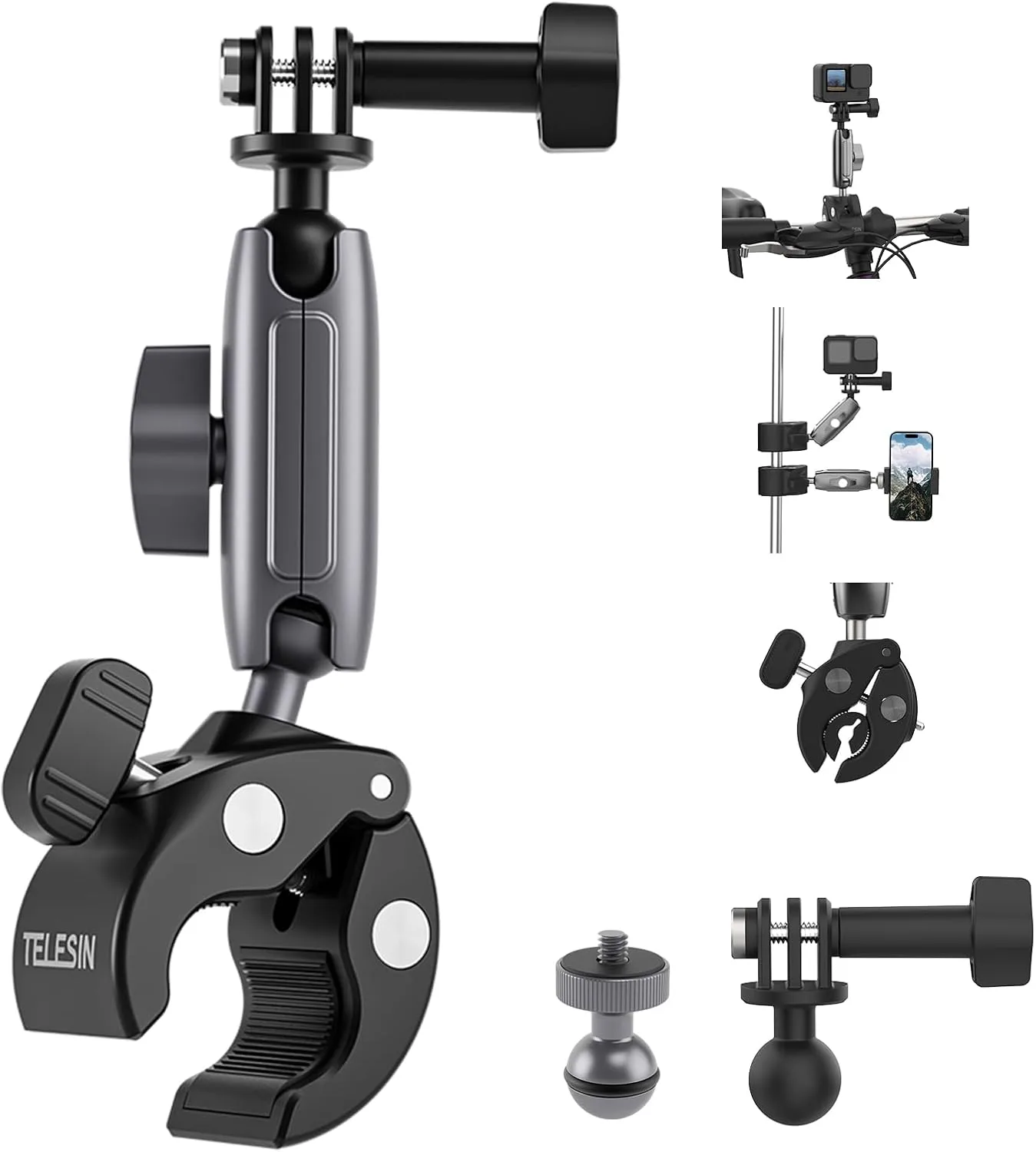 TELESIN° 360 Metal Clamp Mount Dirt Bike Motorcycle Roll Bar Tube Handlebar Mounts Accessories for GoPro 13 12 11 10 9 8 7 Insta360 X3 X4 X5 Go3 Ace Pro 2 DJI Action 4 Osmo Pocket 3 Camera Accessory