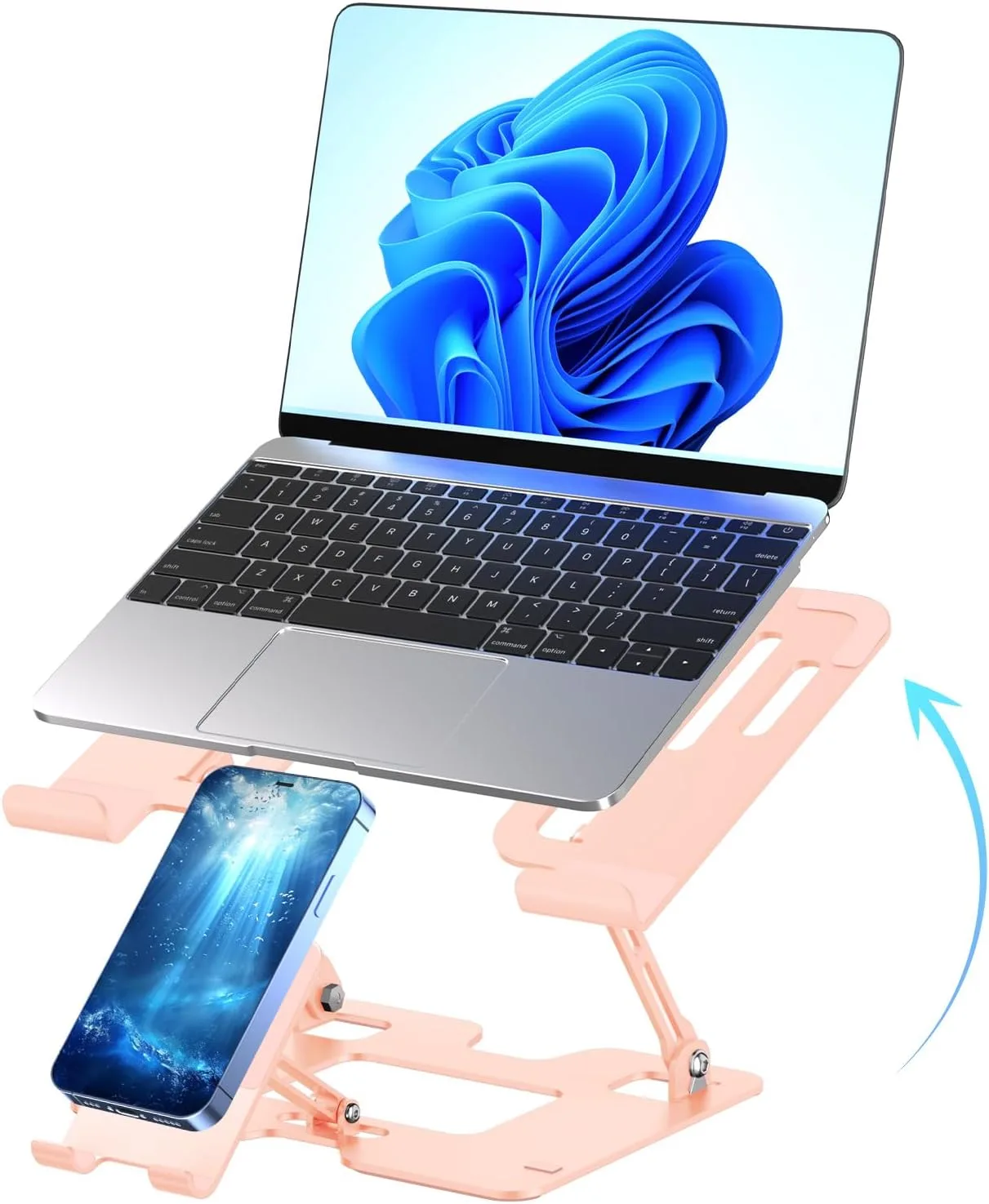 Ergonomic 2-in-1 Laptop Phone Stand for Desk, Pink Laptop Stand Adjustable Riser, Sturdy and Portable, Fits All Laptops and Phone (Pink)