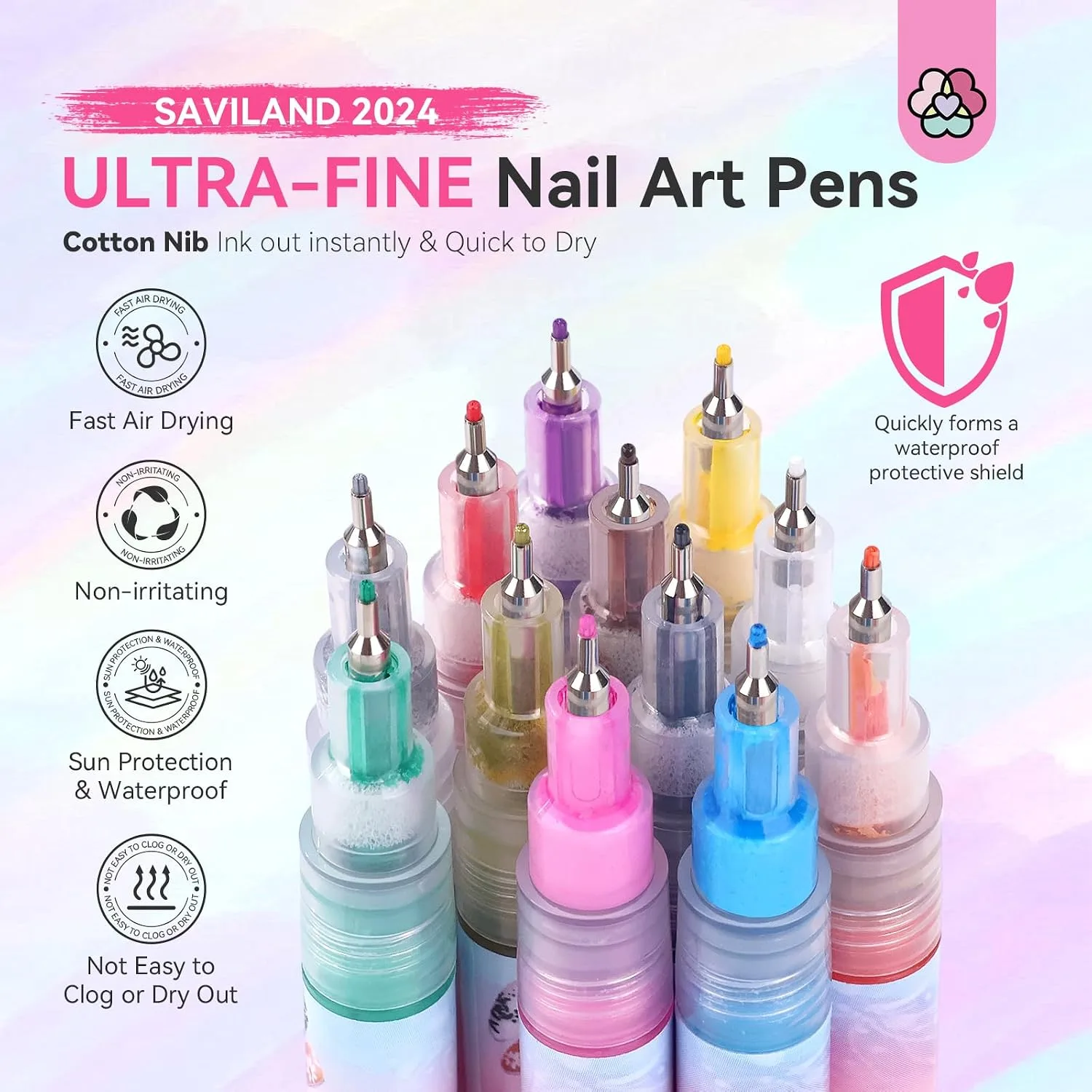 SAVILAND 12 Colors Nail Art Pens Set, 0.5mm Fine Tip Nail Polish Pens