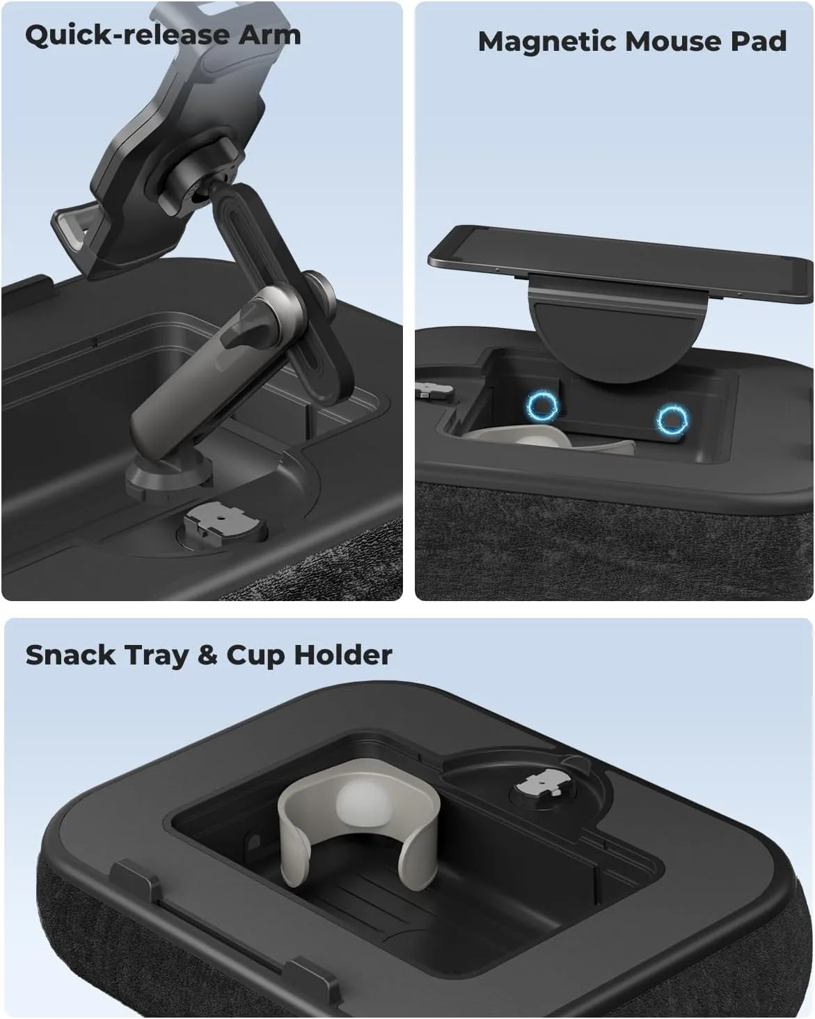 Viozon Kindle Pillow Stand Holder, Phone holder for Bed, Laptop Lap Desk with Mouse Pad,Compatible with 4.7-13" Kindle/Tablet/Phone,10-15"Laptop, Snack Bowl&Cup Attachment&Detachable 360°Stand Arm, B