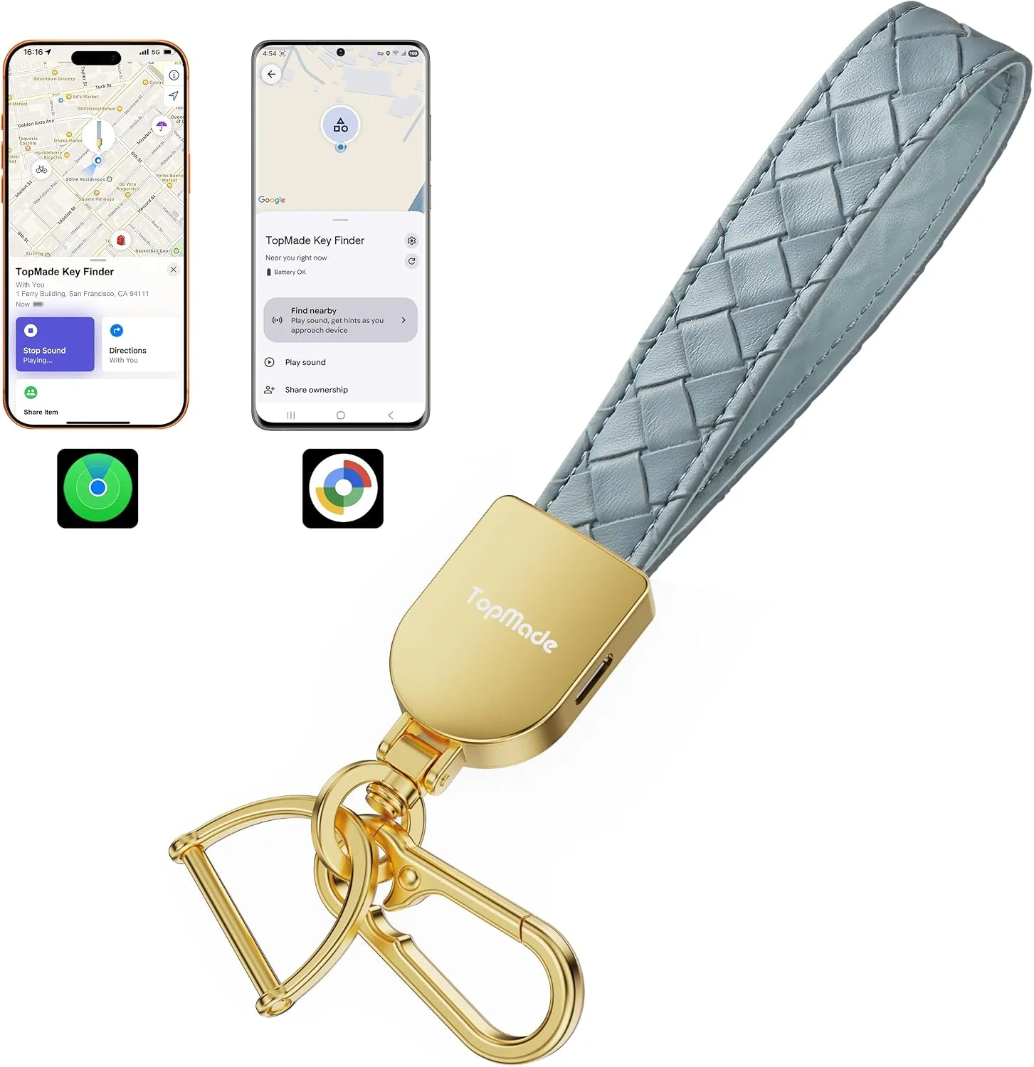 Smart Keychain Tracker (iOS & Android) Car Key Finder, Dusty Blue & Gold