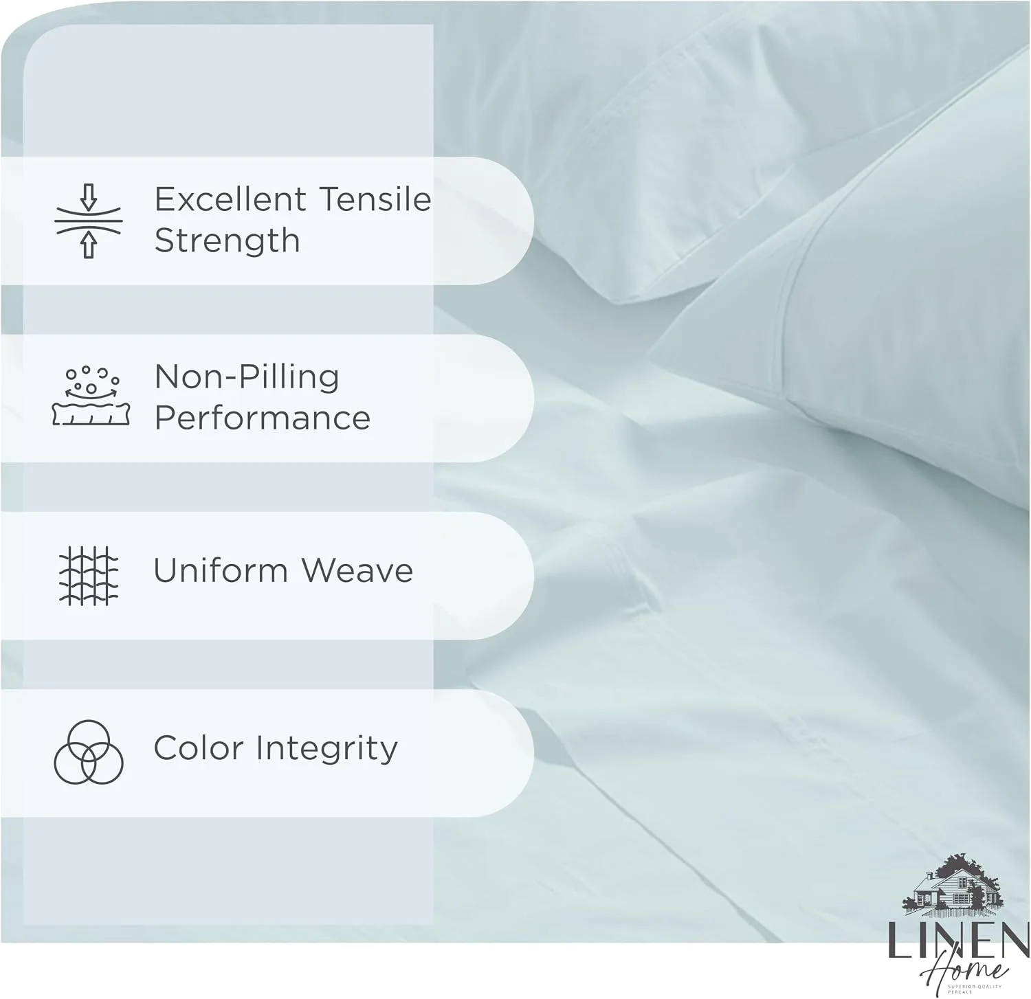 Linen Home 100% Cotton Percale King Sheets 4Pc Cooling Set - Blue Duck Egg