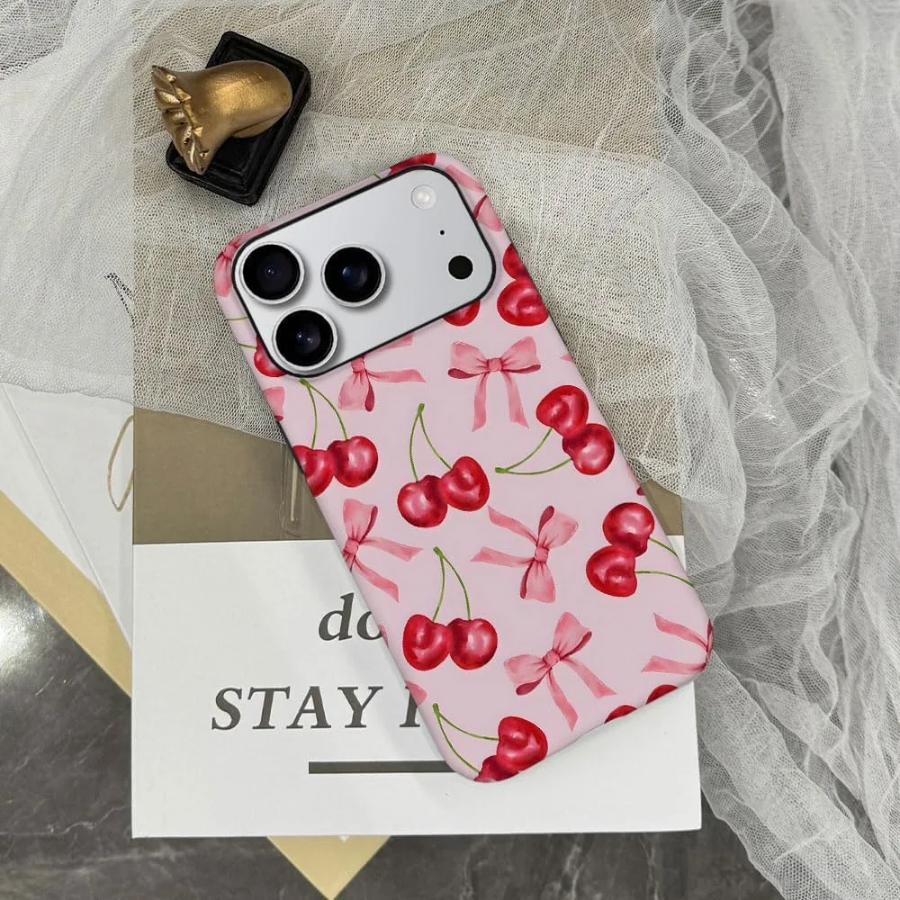 Case Compatible with iPhone 18 Pro/iPhone 17 Pro,Fall Prevention Hybrid 2-Layer Hard Shell Phone Cover for Girls Boys,Pink Bow Cherry Ribbon Fruit