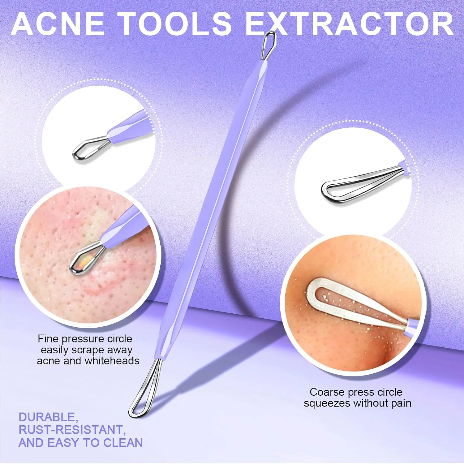 Teenitor Pimple Extractor Acne Treatment Tool Blackhead Comedone Removal 2-in-1 Popper Tool for Face Blackhead Extractor Tool Purple