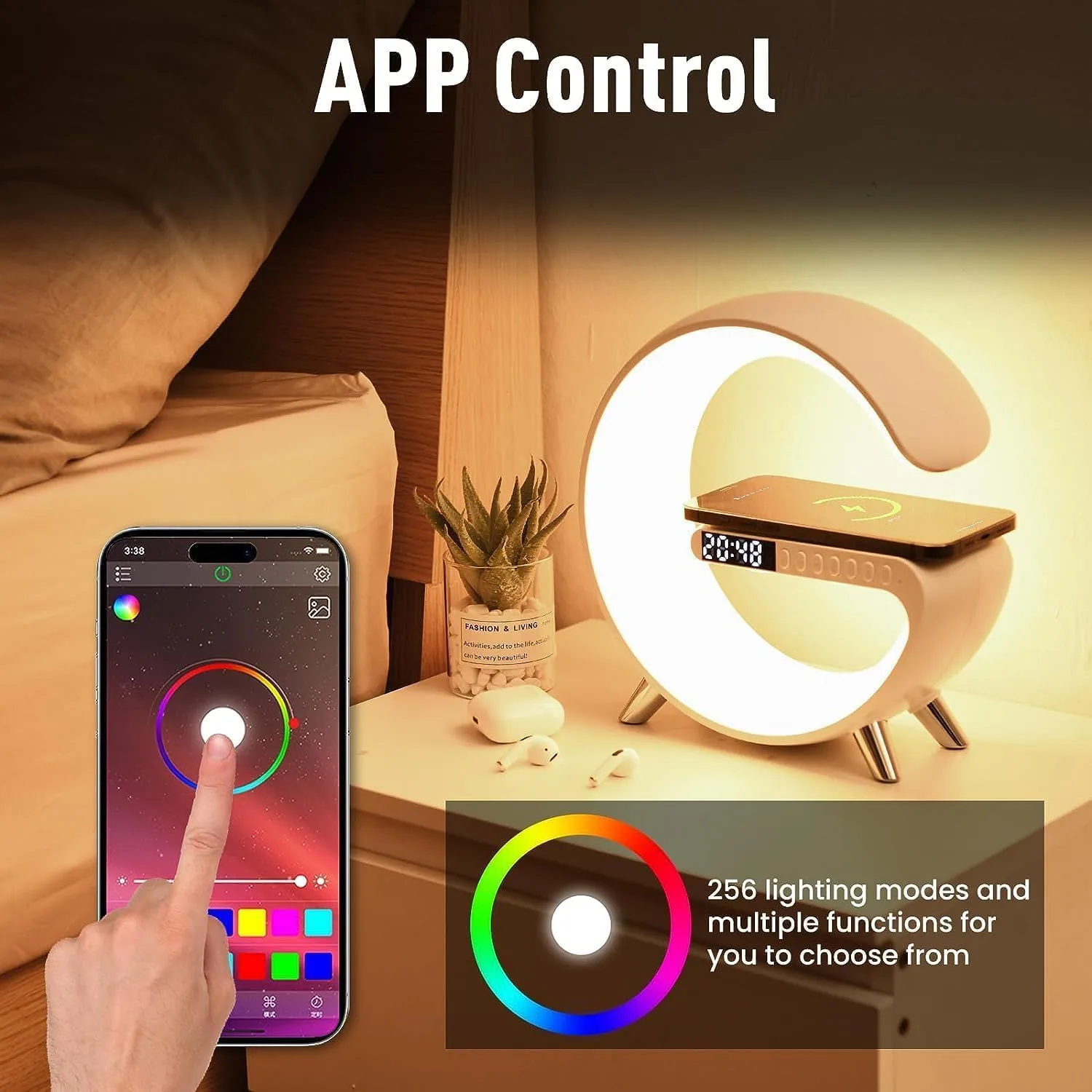Smart LED Table Lamp, 4-in-1 Wireless Charger, Night Light, Alarm Clock, Bluetooth Speaker with App Control, Bedside Lamp with Charging Station for Bedroom, Office, Home Decor, Teen Girls Boys Gifts