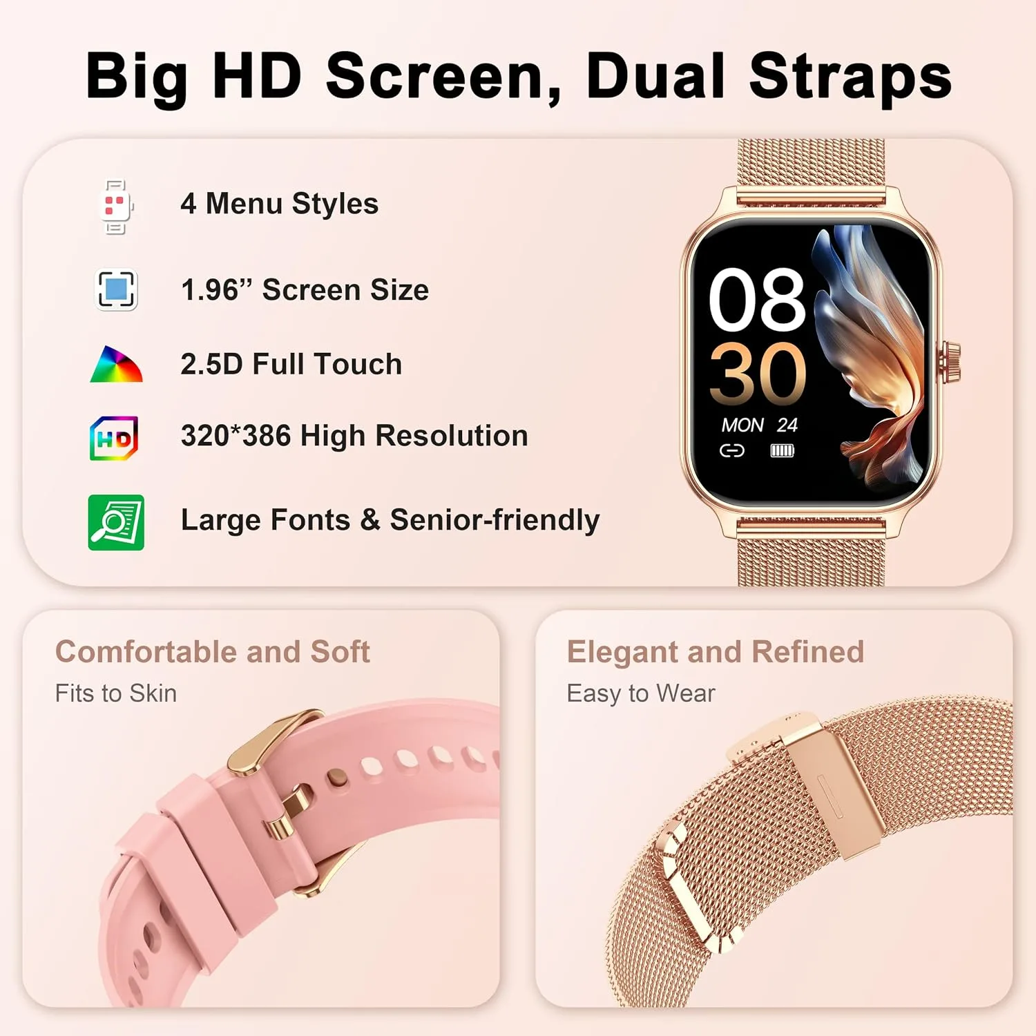 Smart Watch Women Men, 1.96" Reloj Inteligente para Mujer, Fitness Tracker, Blood Pressure/Heart Rate/SpO2 & Sleep Monitor, 110+ Sport Modes, Make/Answer Call, Voice Assistant for iOS Android