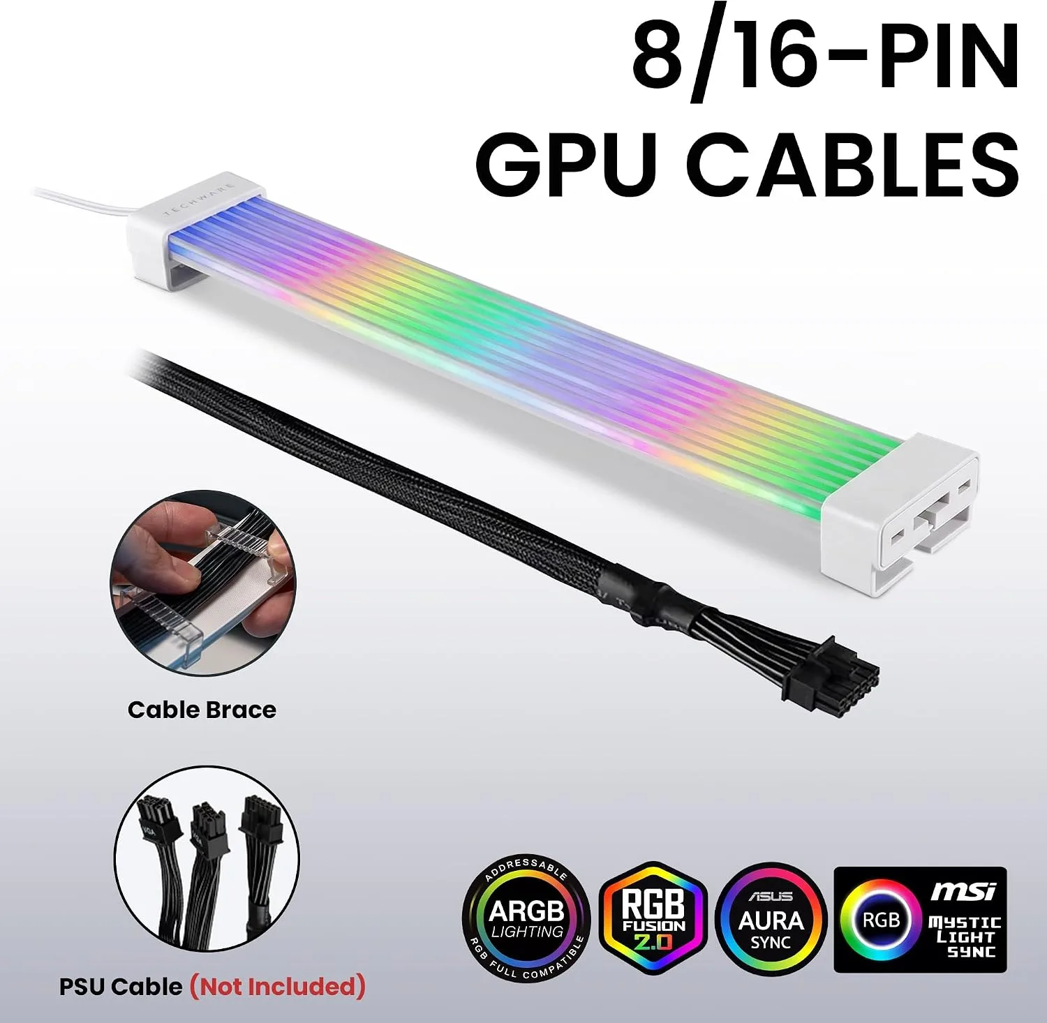 TECWARE Flex RGB Cable Cover Kit | Compatible with 24-Pin Motherboard and 8-Pin/16-Pin GPU | ARGB PSU Cable Extension with 5V 3-Pin Sync | RGB Lighting Kit for PC Cables | White