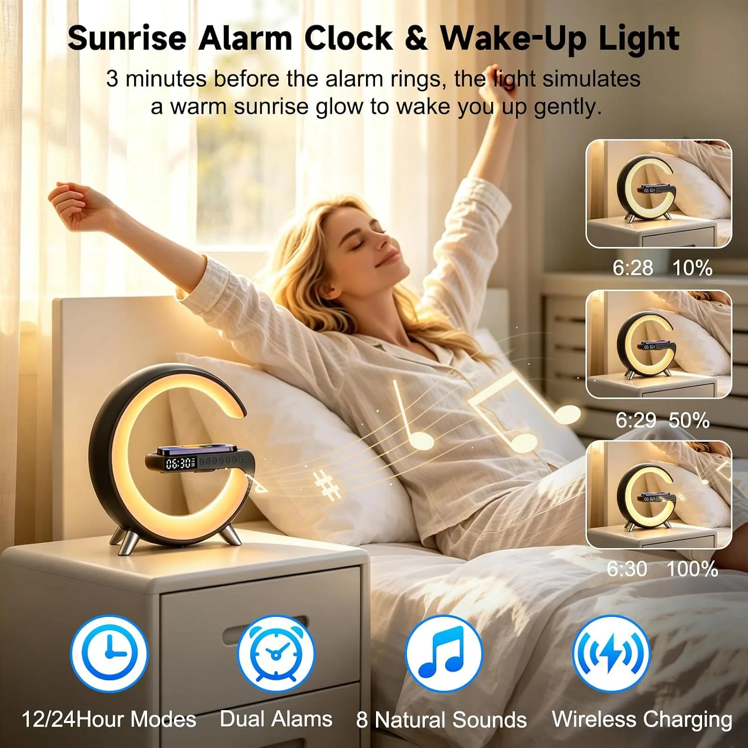 Smart LED Table Lamp, 4 in 1 RGB Night Light, Alarm Clock, Wireless Charger, Bluetooth Speaker with App Control, G-Shape Bedside Atmosphere Lamp for Bedroom Office Home Decor, Teen Girls Boys Gifts