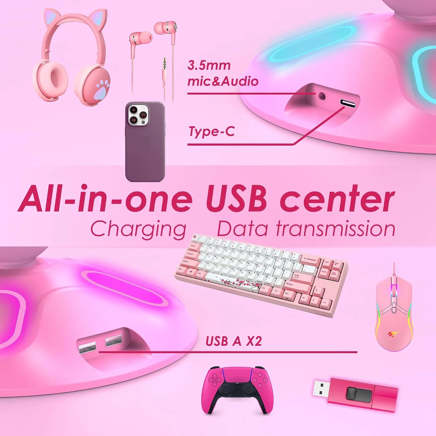 Gaming RGB Headphone Stand, Controller Holder with 9 Light Modes - Headset Stand with 2 USB Charging Ports and 3.5mm & Type-C - Controller Stand Hanger Accessories for Desk and Gamer(Pink)…