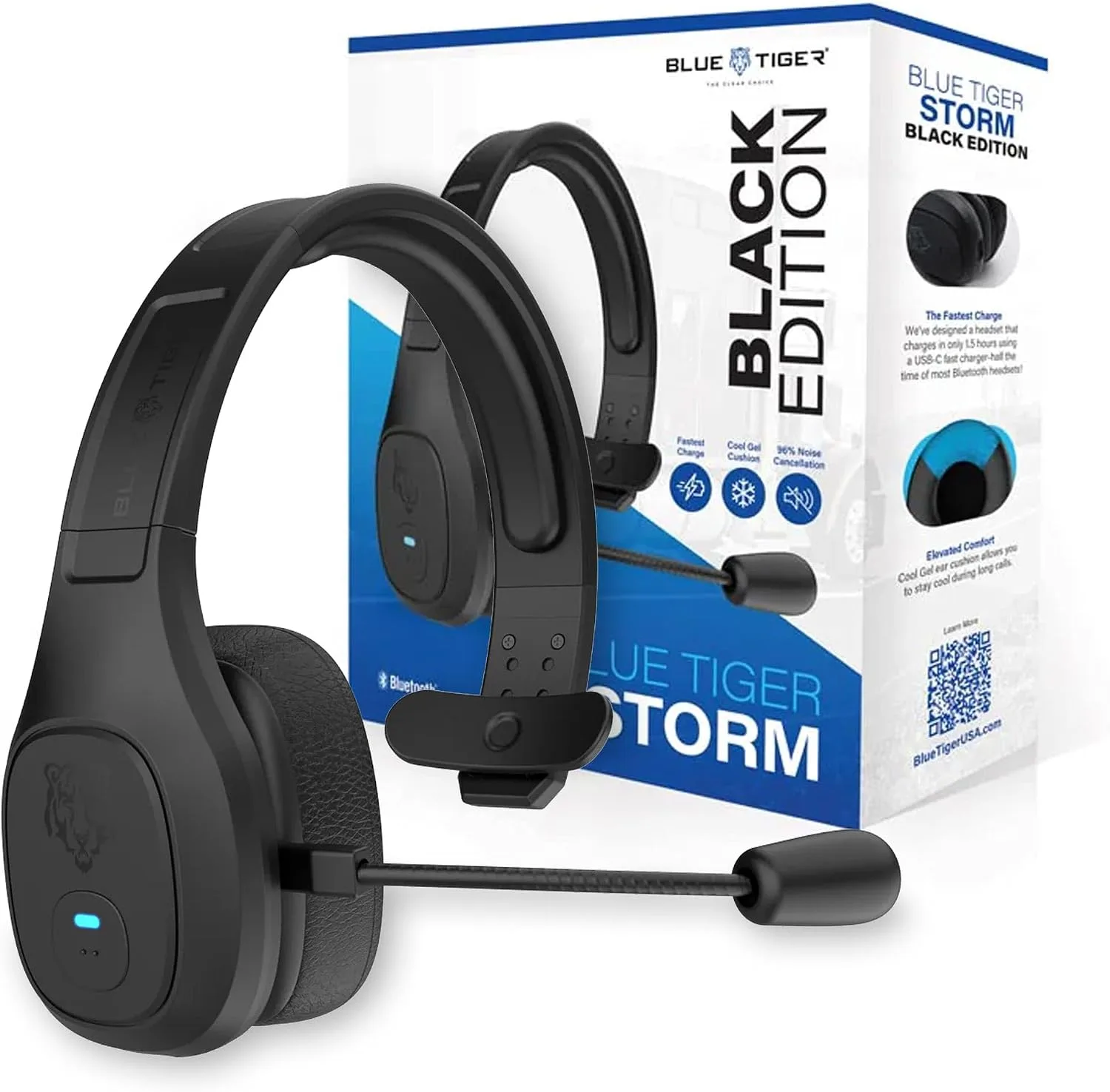 Blue Tiger Storm Black- Wireless Trucker Bluetooth Headset with Mic