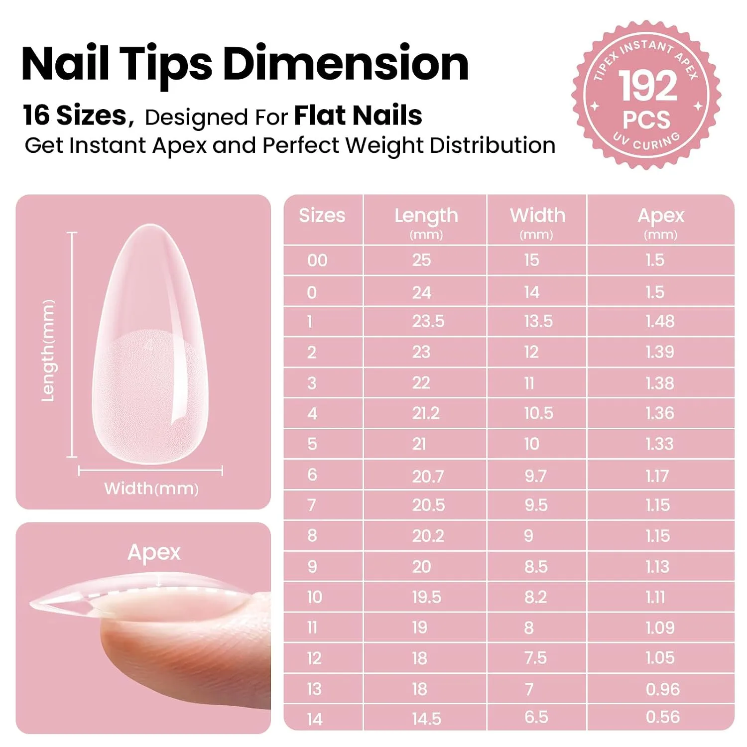 Beetles Tipex Instant Apex Nail Tips, Medium Almond, 192pcs 16 Sizes(00-14)