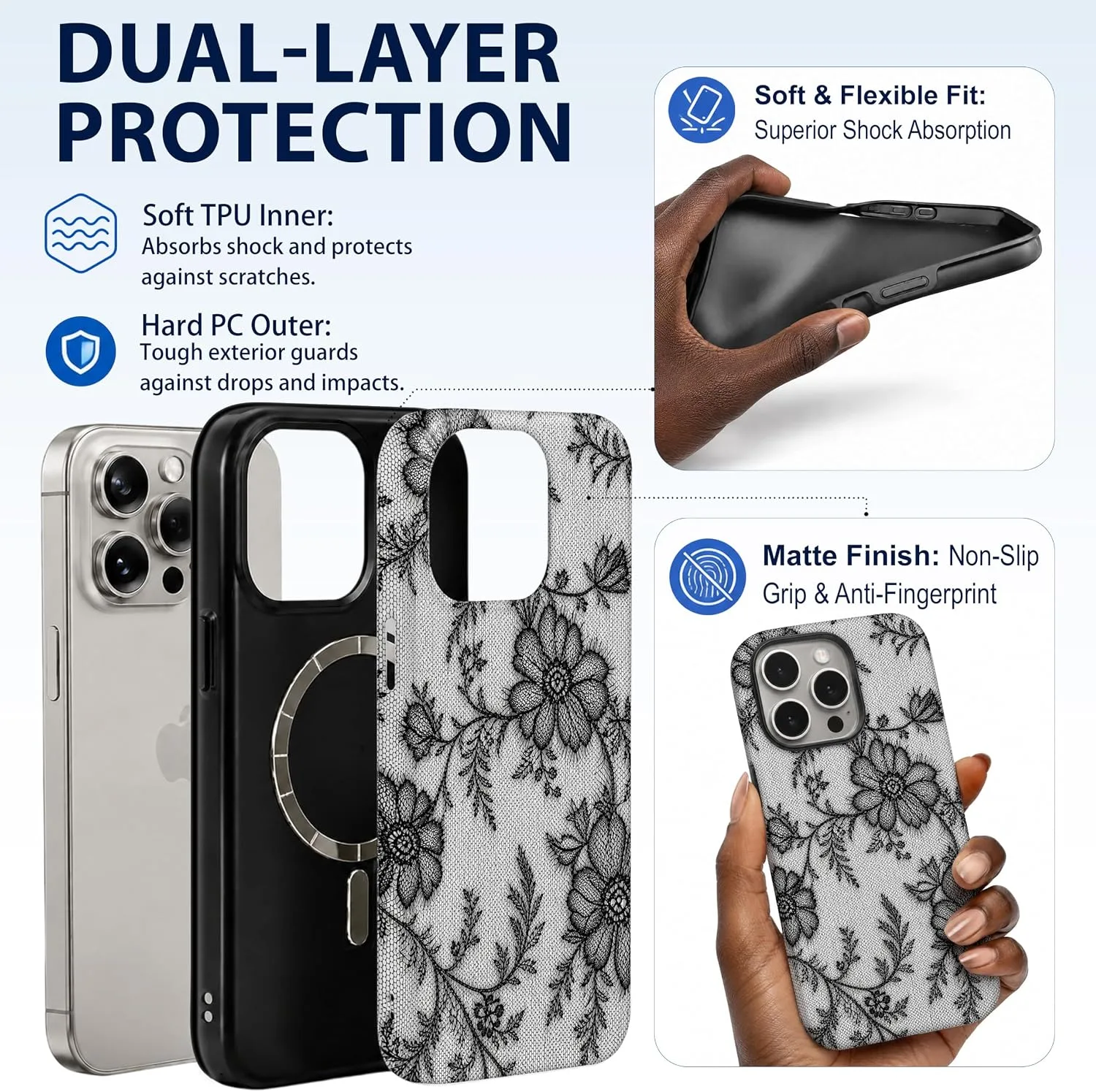 Magnetic for iPhone 15 Pro Black Lace Phone Case, Floral Flower