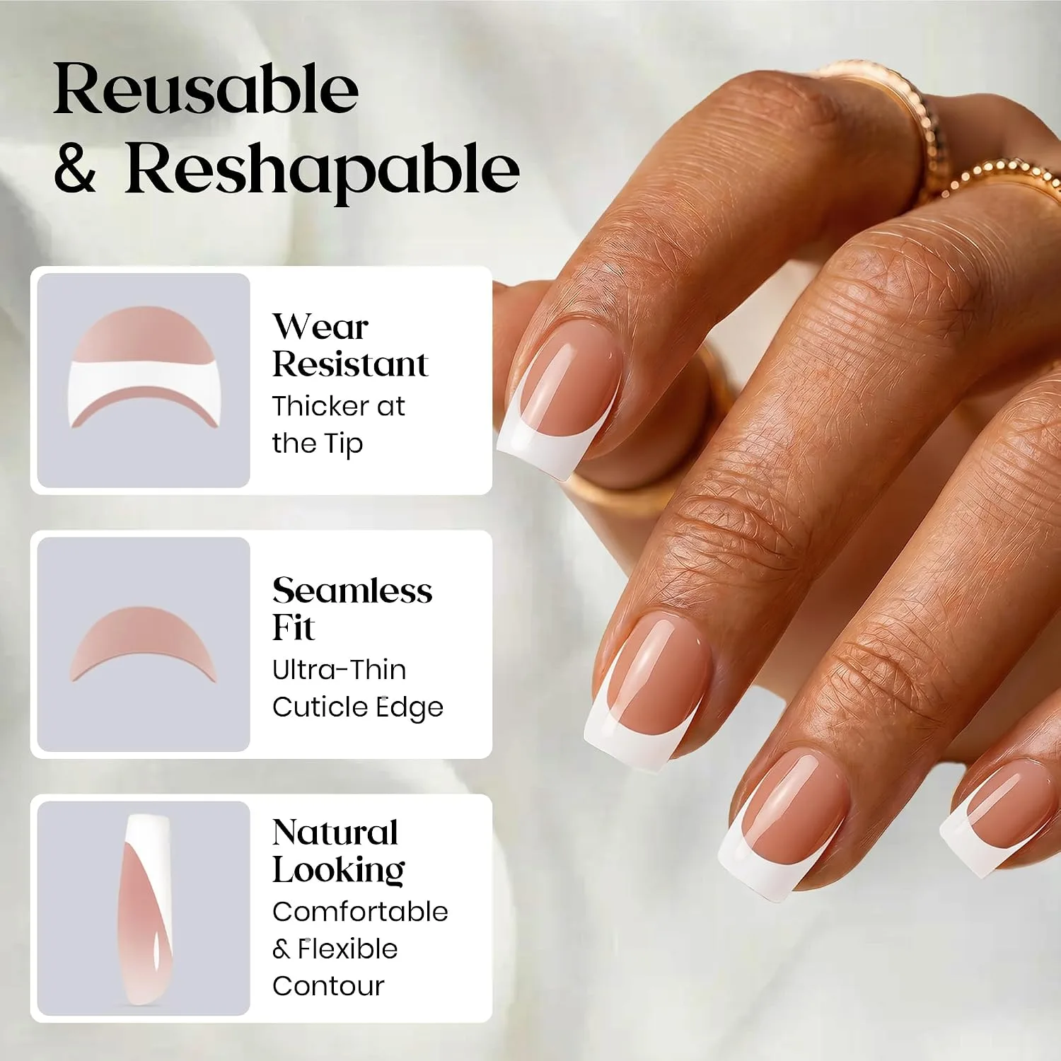 Beetles Brown French Tip Press on Nails - Short Square, 64 PCS 16 Sizes