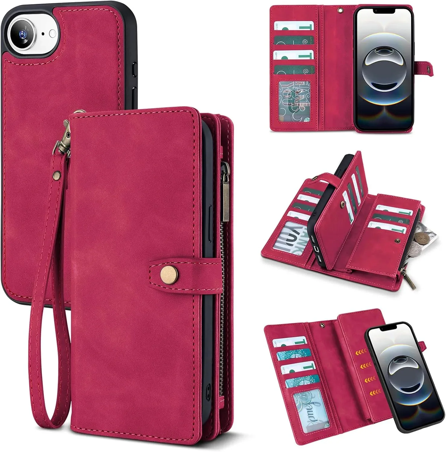 Funda Billetera TwoHead para iPhone 16e/17e con 11 Ranuras para Tarjetas Rojo Vino