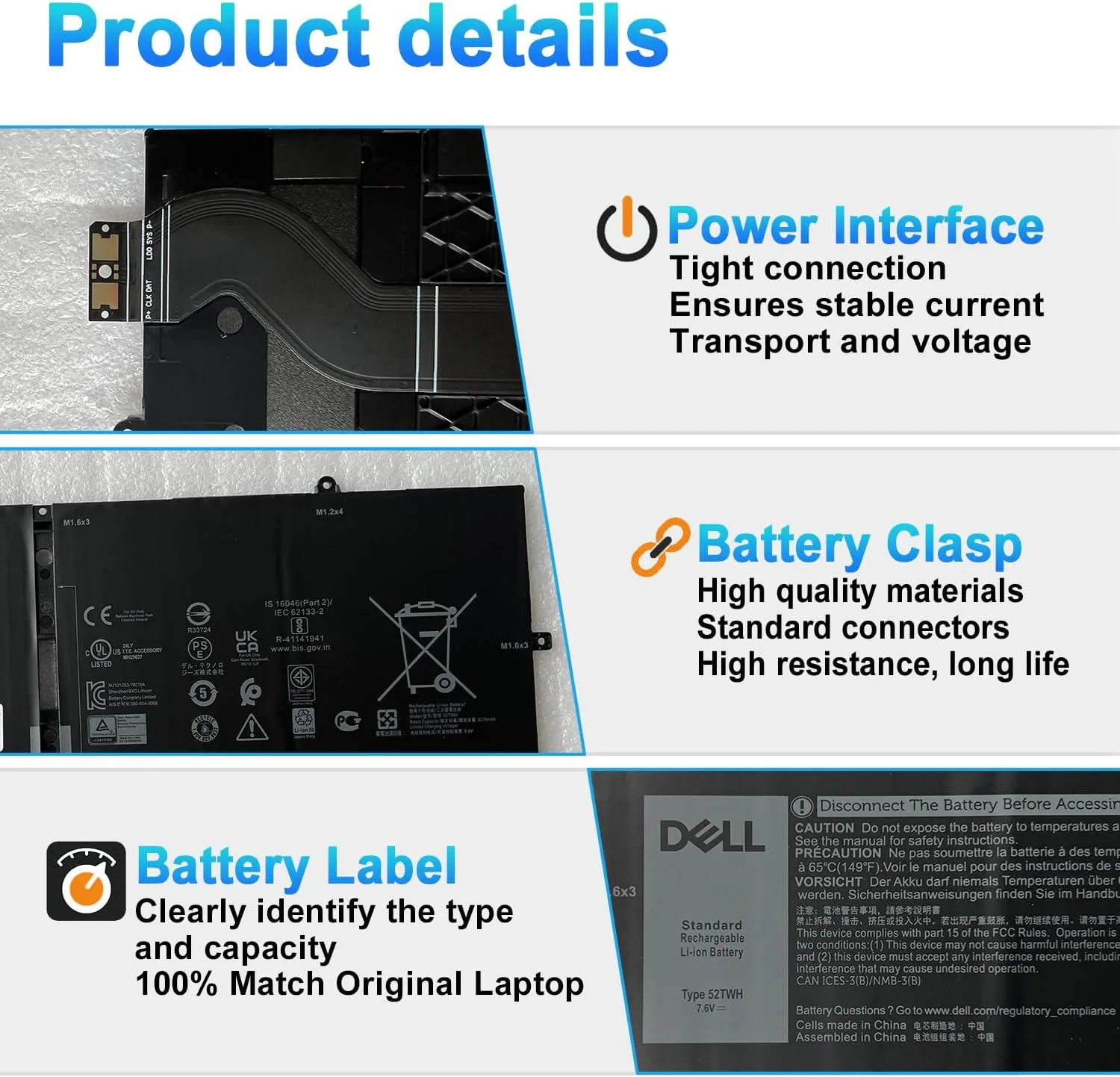 52TWH Laptop Battery Replacement for Dell XPS 13 7390 2-in-1 Series