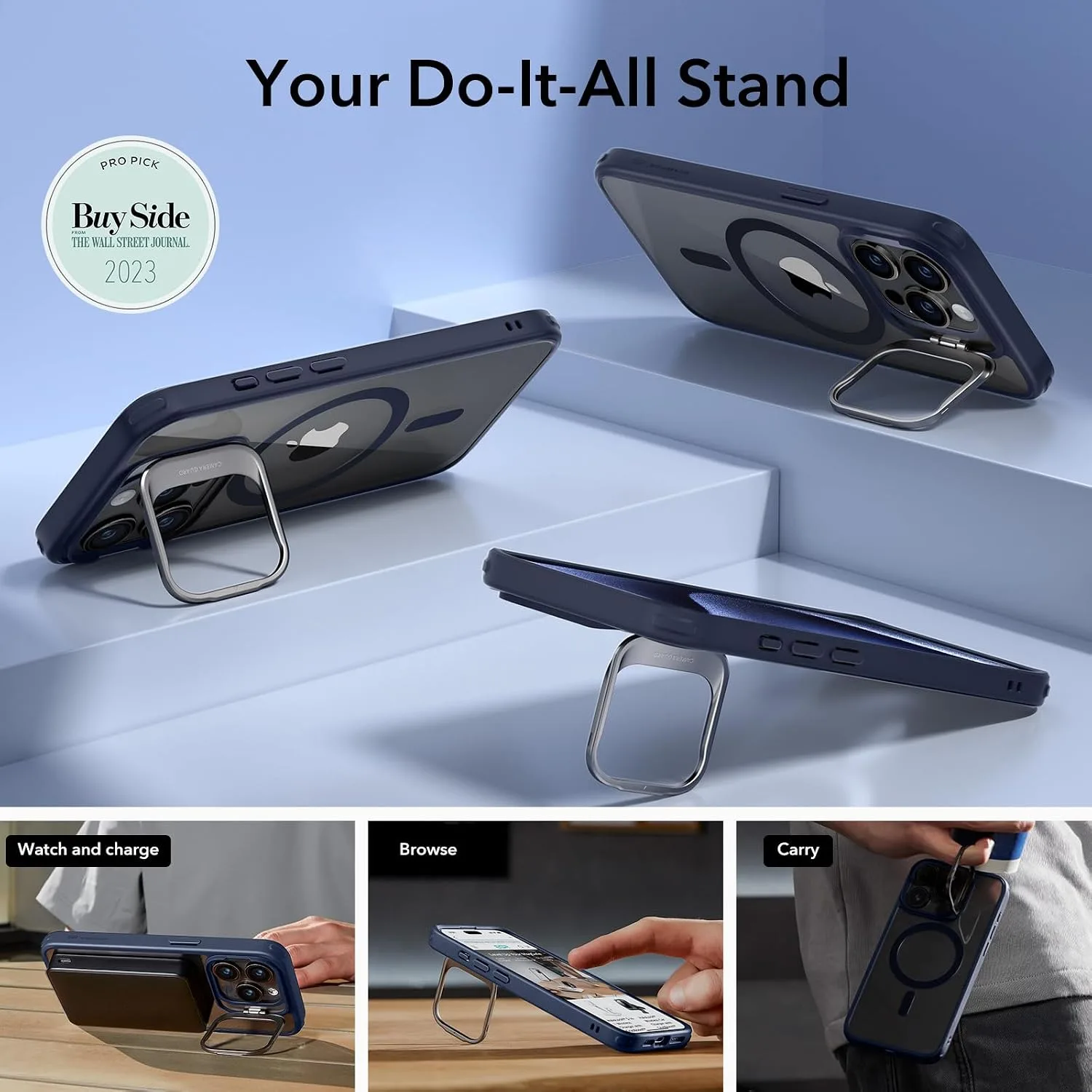 ESR Classic Hybrid Case for iPhone 15 Pro with Flex Stand, Clear Dark Blue