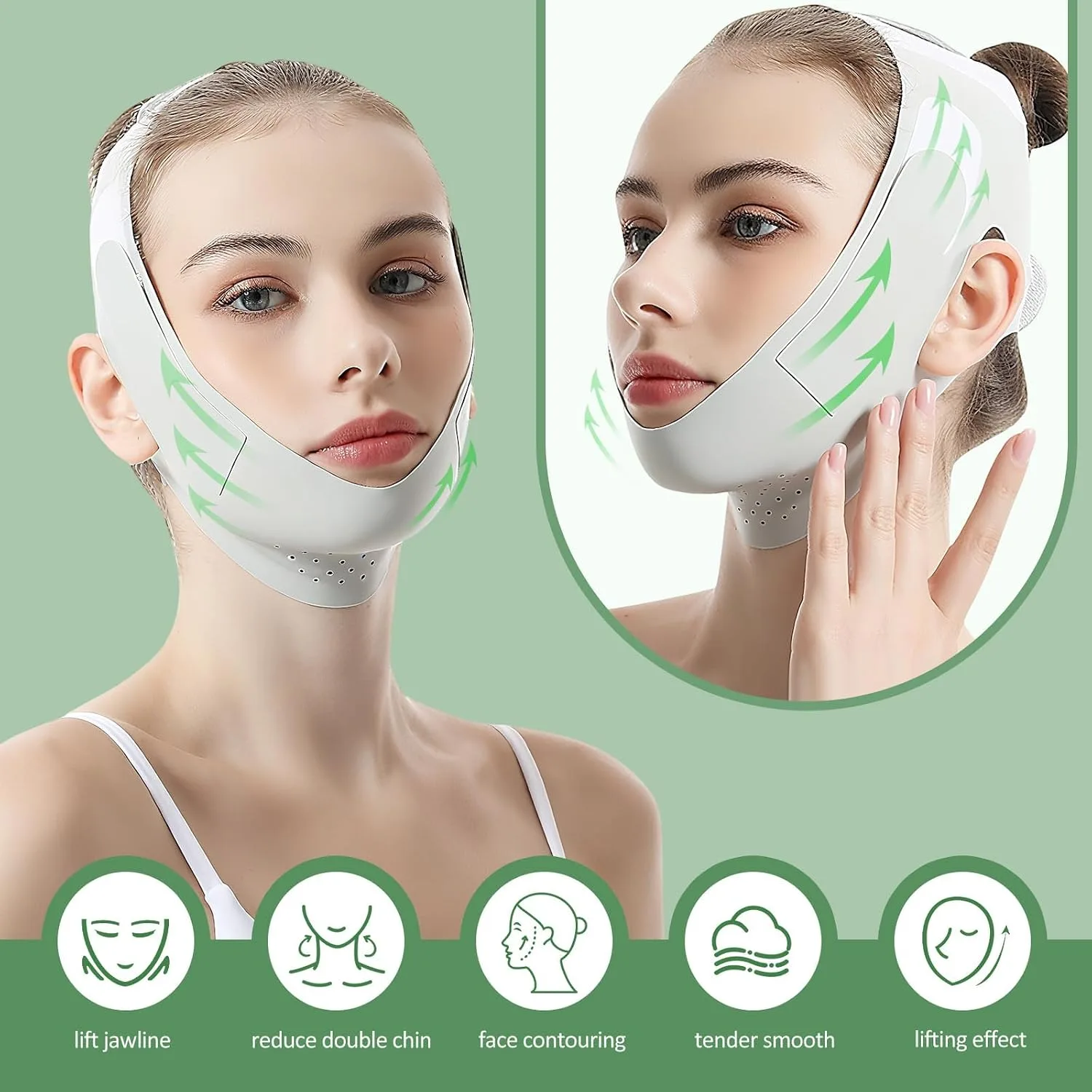 Reusable Facial Lifting Belt, V Line Lifting Mask with Chin Strap for Sleeping, Jaw Exerciser V-Shaped Double Chin Reduce (Green)