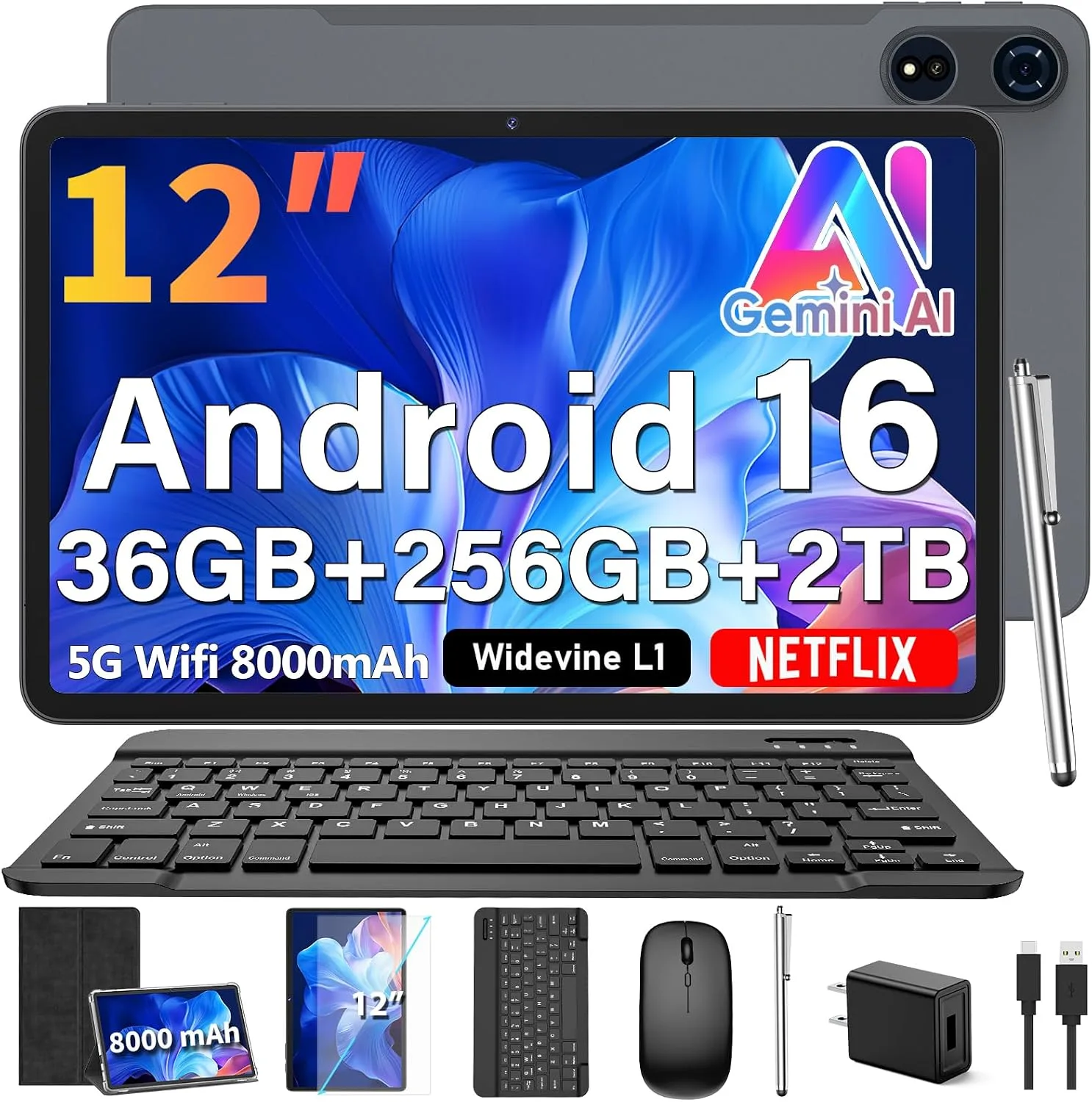 12 Inch Tablet with Keyboard - Android 16 Tablet, 36GB+256GB+2TB, Gemini AI