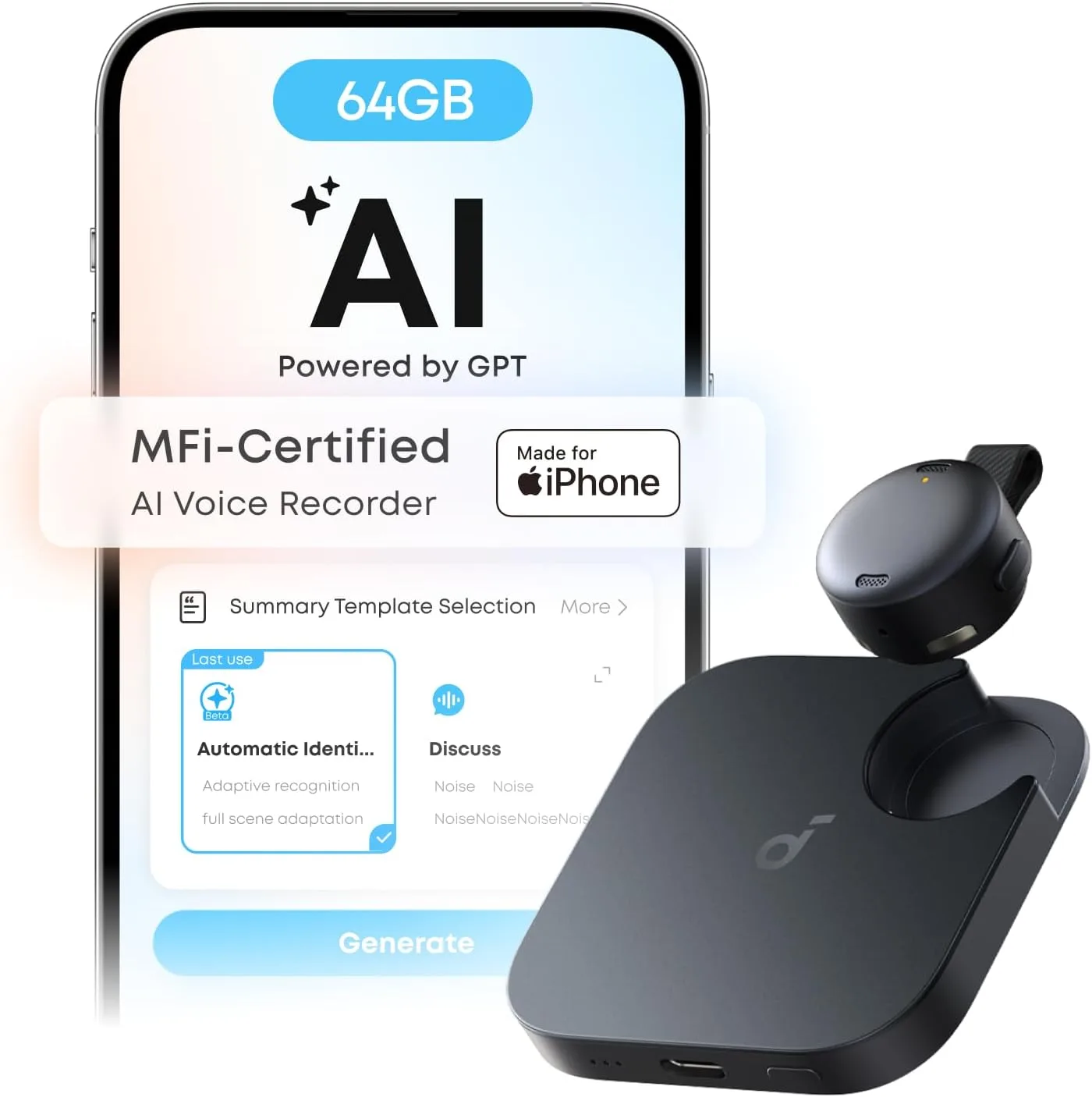 soundcore Work by Anker, Coin-Sized AI Voice Recorder, 64 GB, MFi-Certified